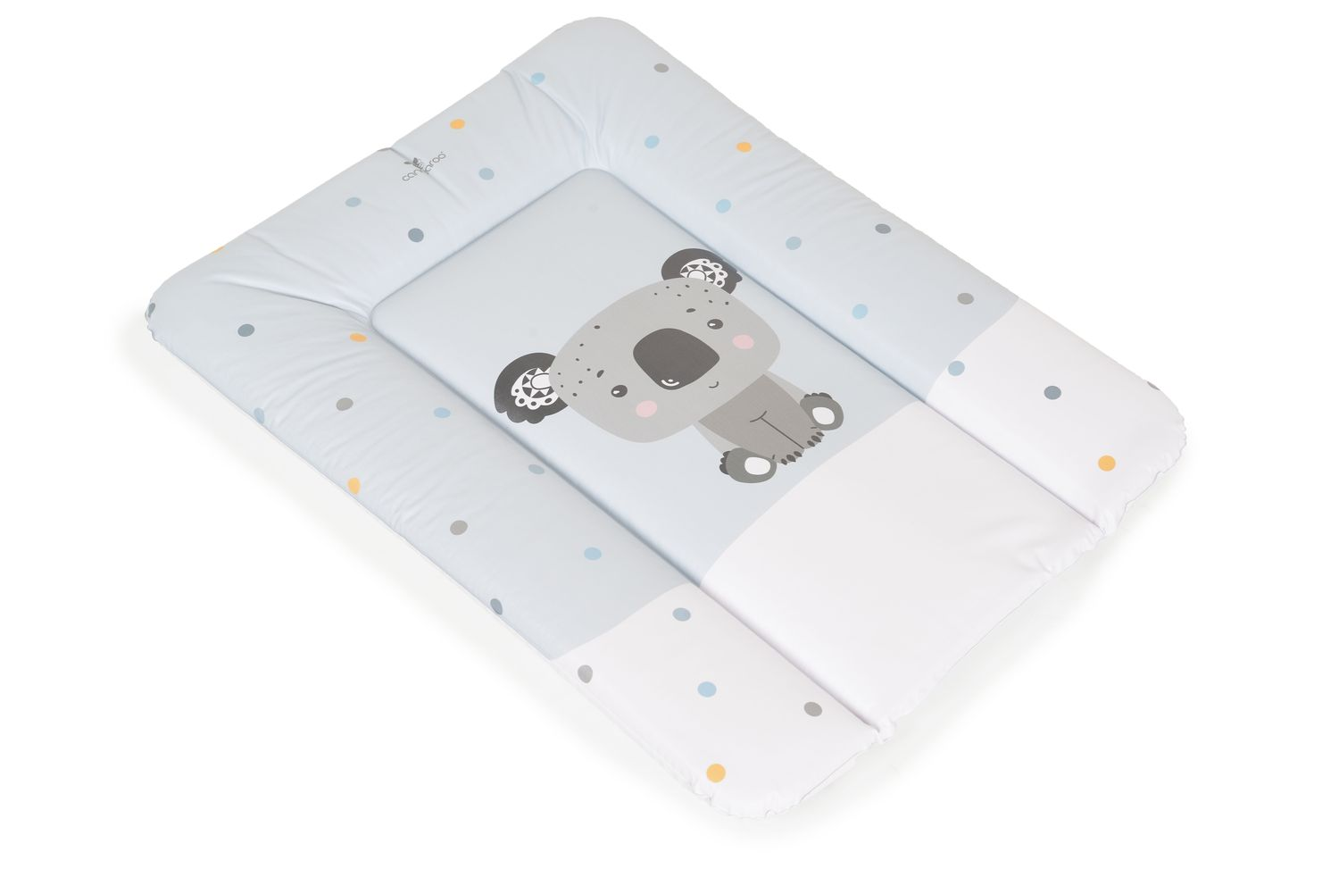 Hellblaue Baby-Wickelauflage mit buntem Pünktchenmuster und einem niedlichen Koala-Bären in der Mitte.