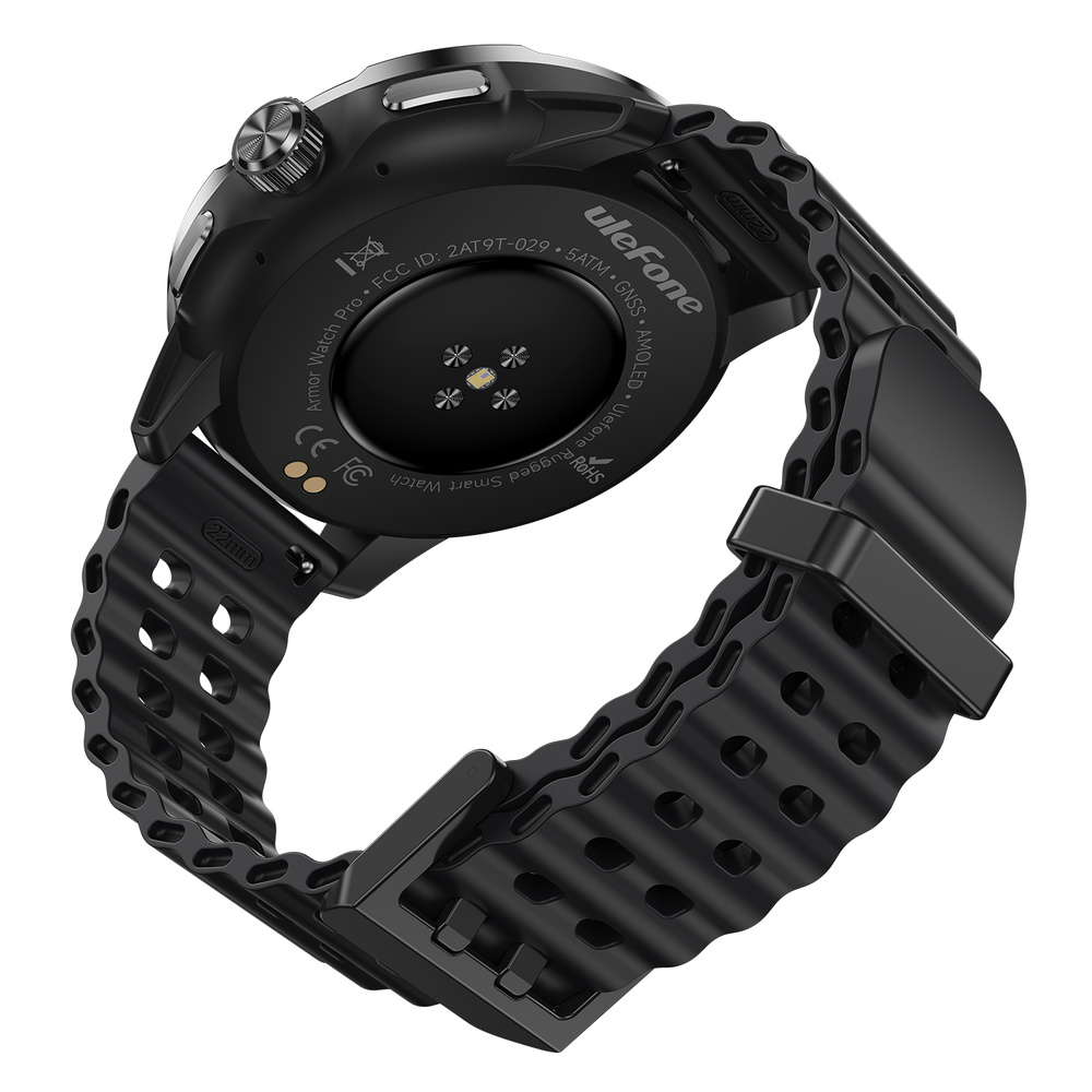 Vista trasera de un reloj inteligente Ulefone negro con sensores, botones y correa perforada.