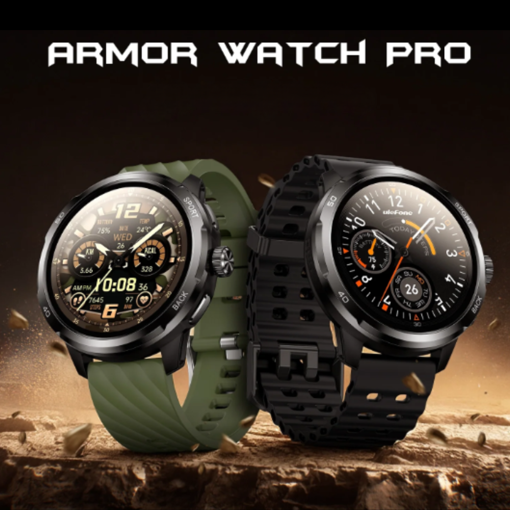 Dos relojes inteligentes Armor Watch Pro, uno verde y otro negro, en una superficie rocosa y escarpada con fondo oscuro.