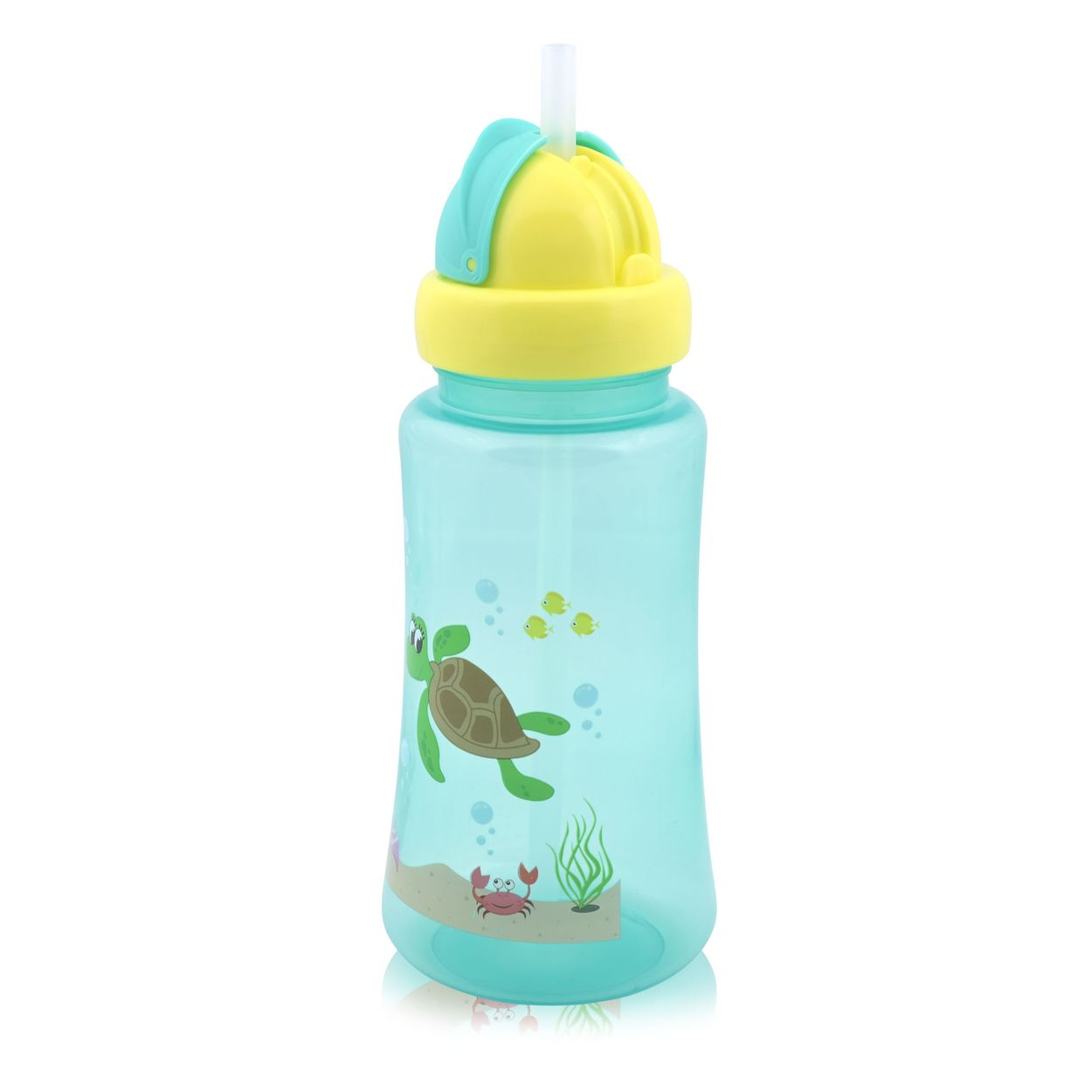 Türkisfarbene Kinder-Trinkflasche mit Strohhalm, gelbem Deckel und Tiermotiven wie Schildkröte und Krabbe.