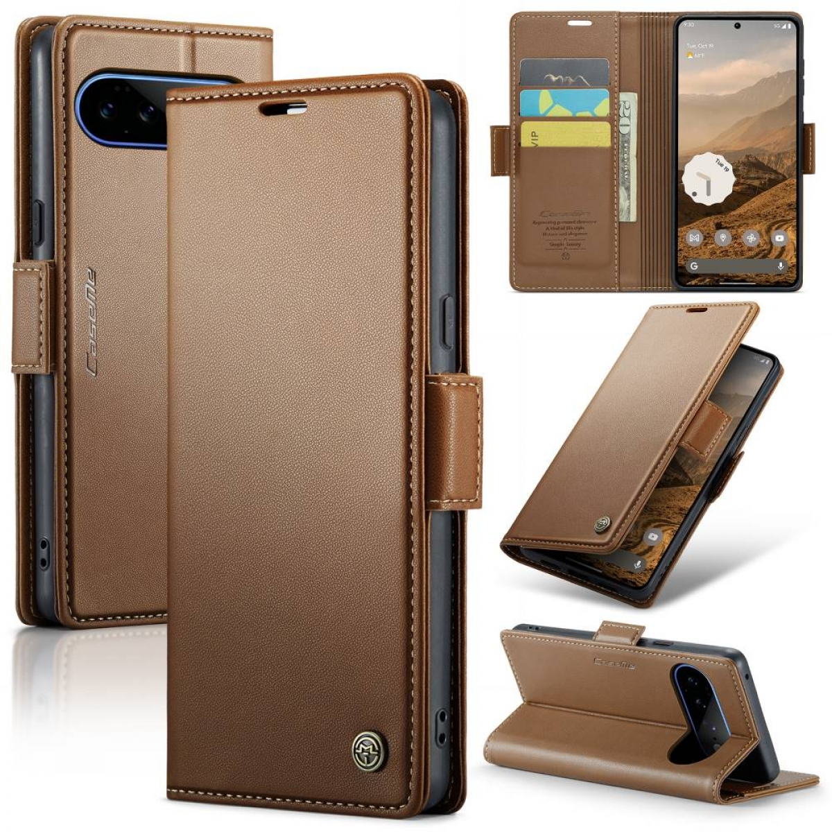 Braune Leder-Smartphone-Geldbörsenhülle mit Kartenfächern, geschlossen, offen und als Ständer gefaltet gezeigt.