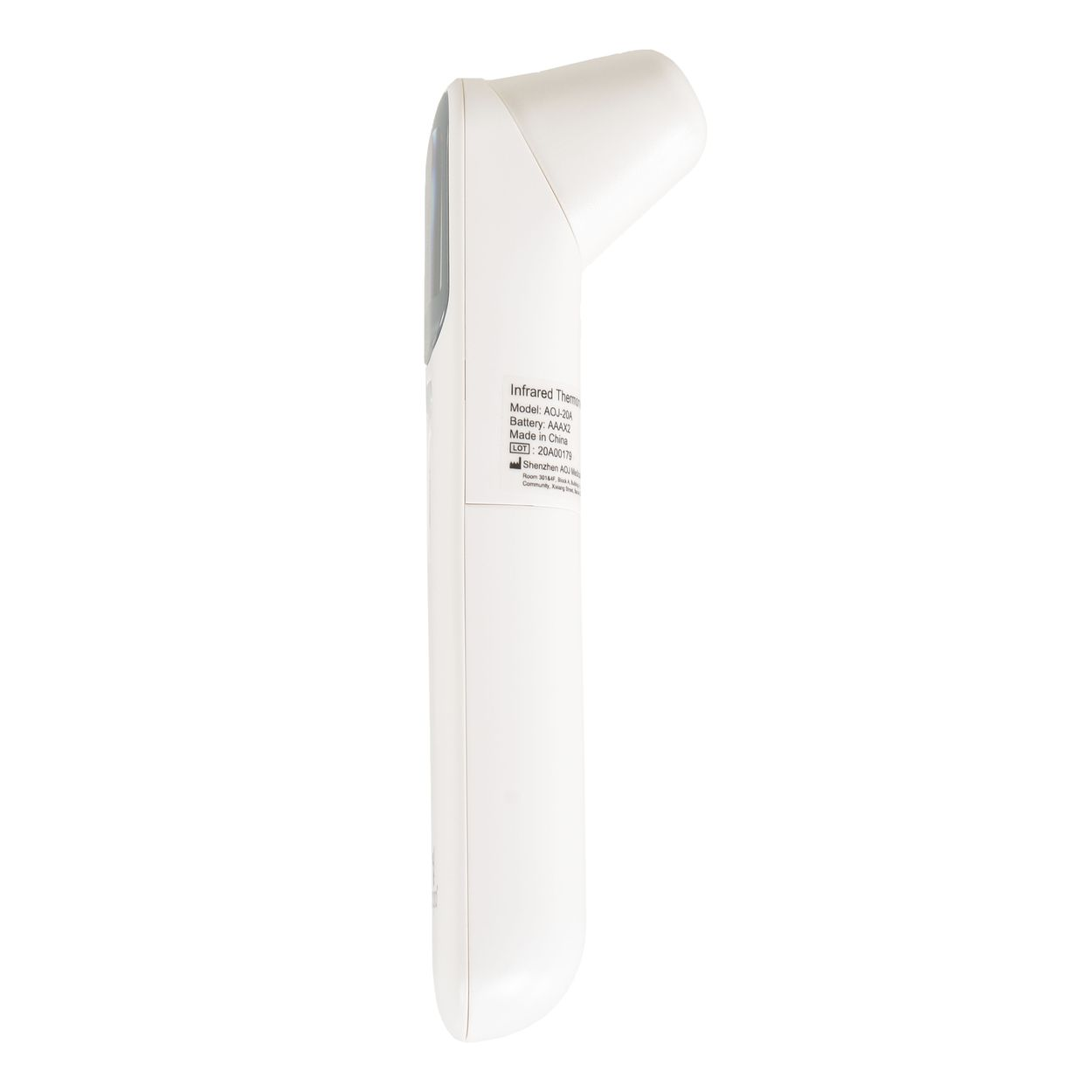 Seitenansicht eines weißen digitalen Infrarot-Thermometers mit Modell- und Herstellerinfos auf dem Griff.