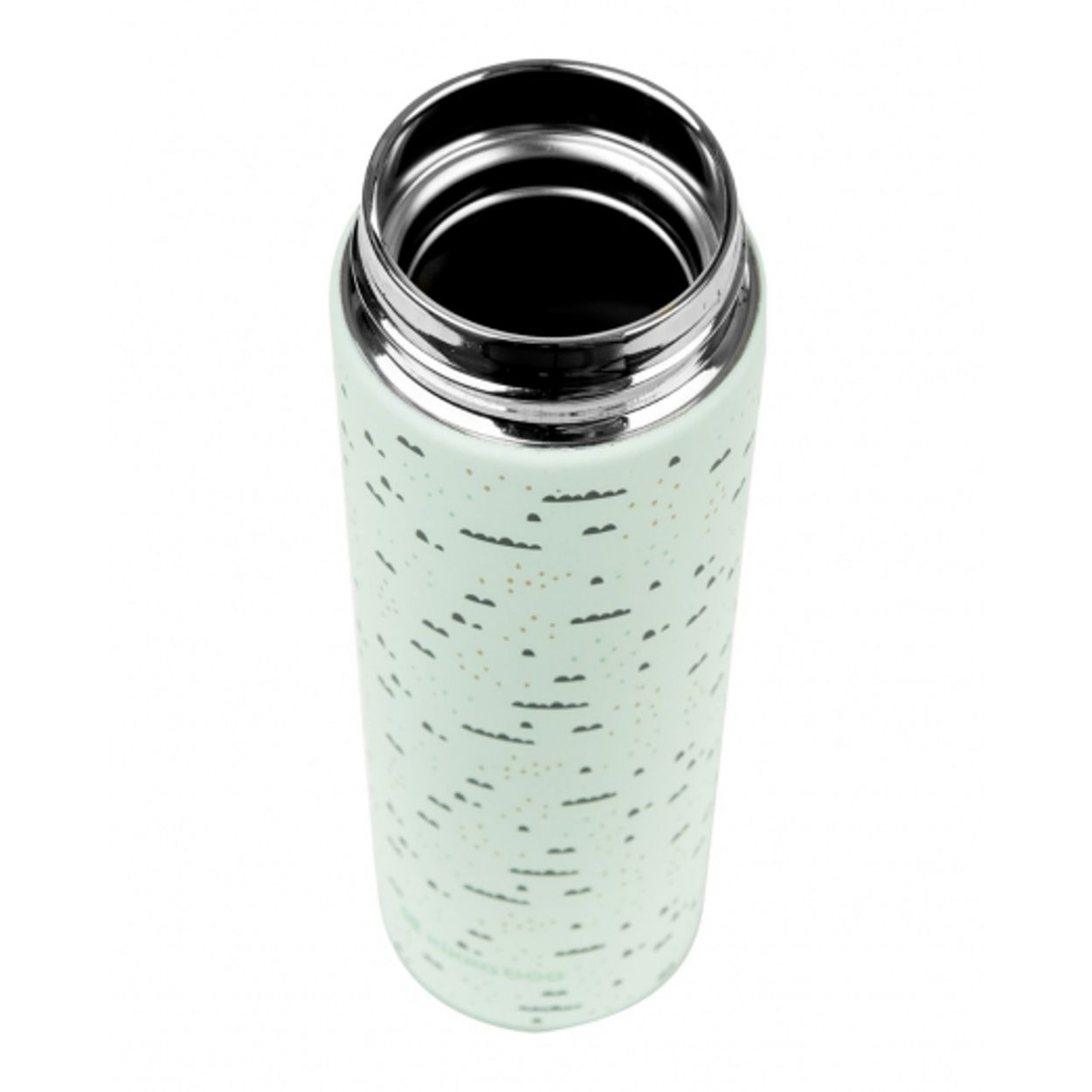 Eine offene, mintgrüne Thermosflasche mit kleinen schwarzen Mustern steht auf weißem Grund.
