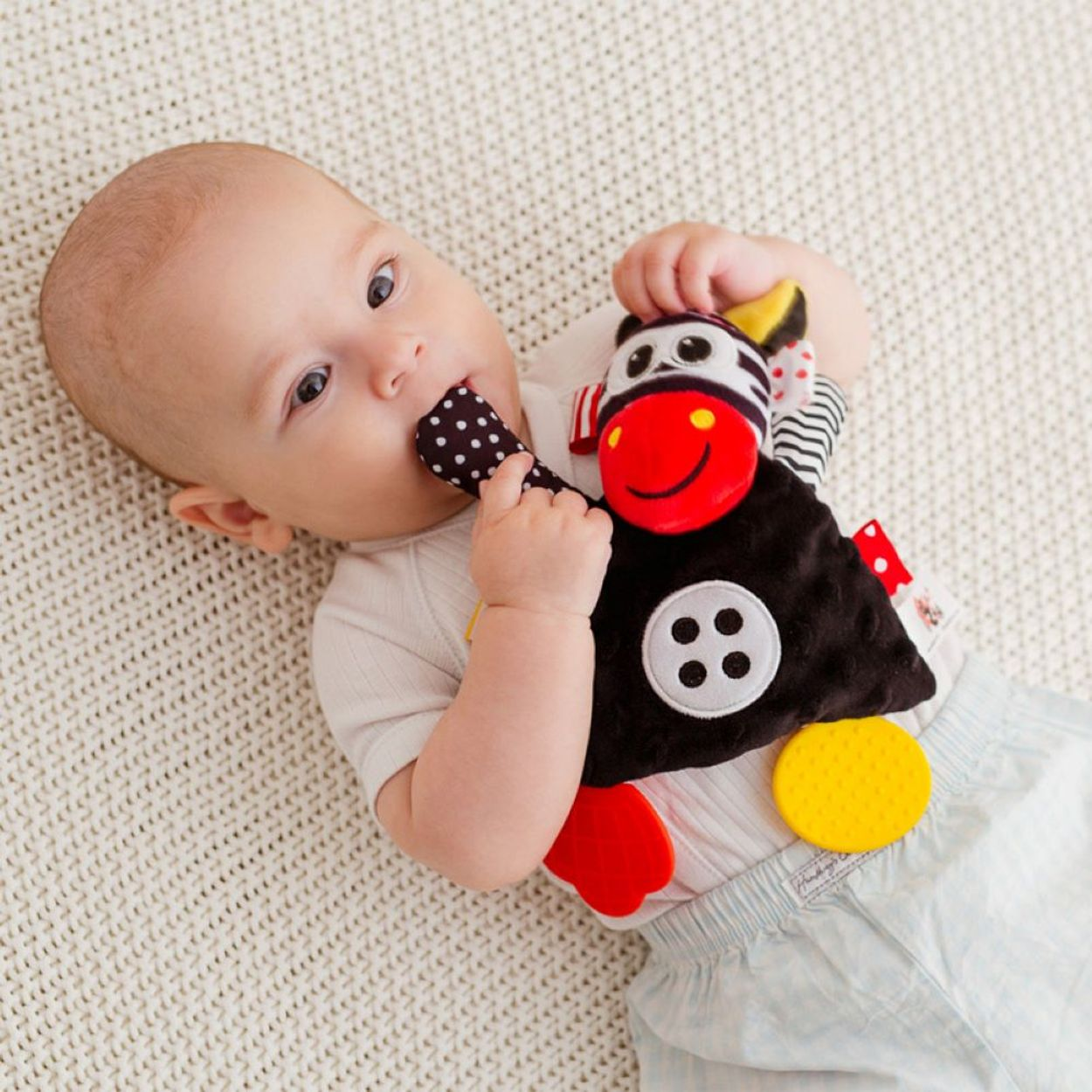 Ein Baby liegt auf einer Decke und kaut an einem Plüschspielzeug.