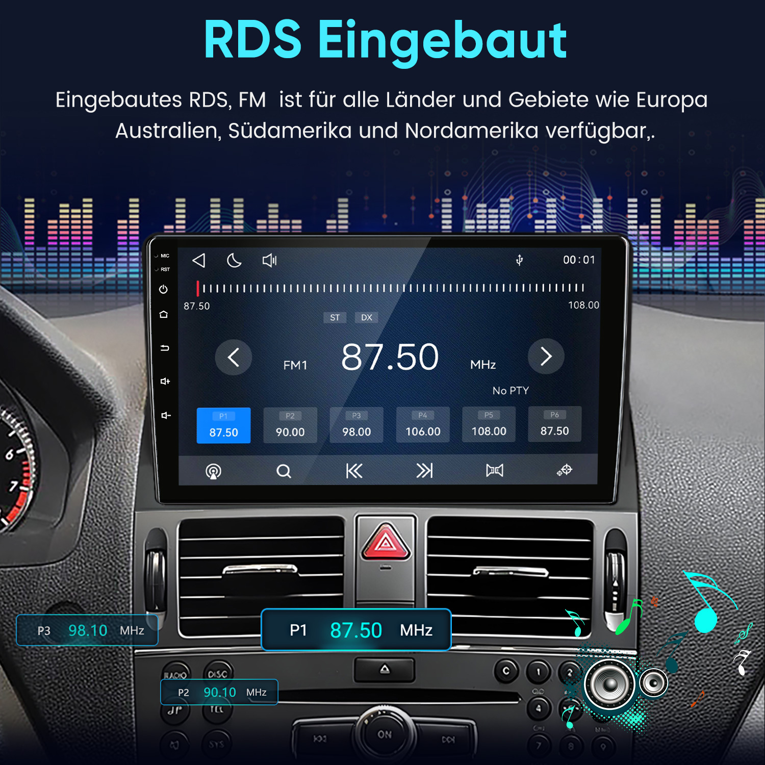 Autoradio mit Touchscreen und FM-Tuner in einem Autocockpit.