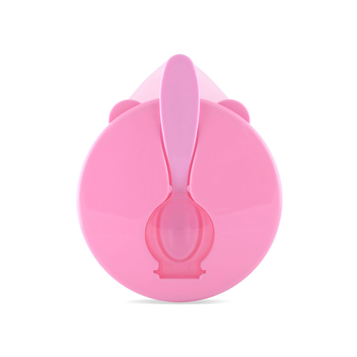 Ein runder, rosa Teller mit einem Löffel in der Halterung und kleinen Bärenohren.