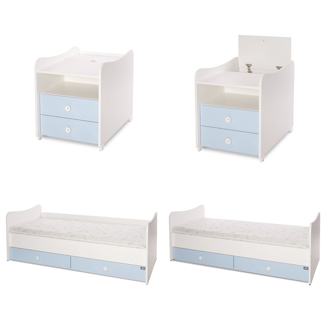 Ein weiß-hellblaues Kindermöbelset, bestehend aus Wickelkommode mit Schubladen und Einzelbett.