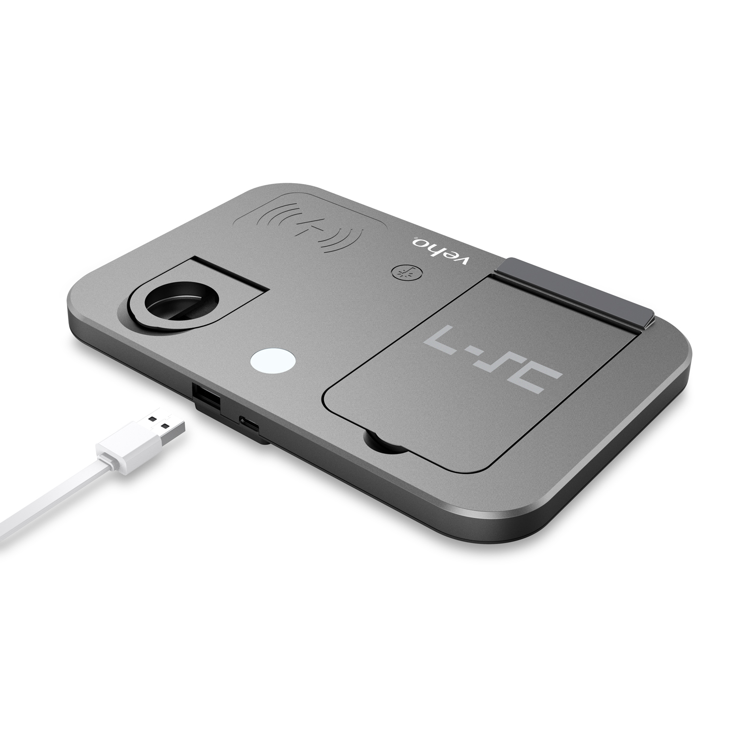 Graue Veho-Ladestation mit weißem USB-Kabel, drahtloser Ladefläche und Fächern.