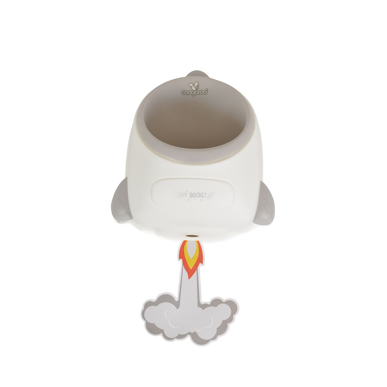 Ein weiß-graues Töpfchen in Raketenform mit Flammen- und Rauchmotiv auf weißem Hintergrund.