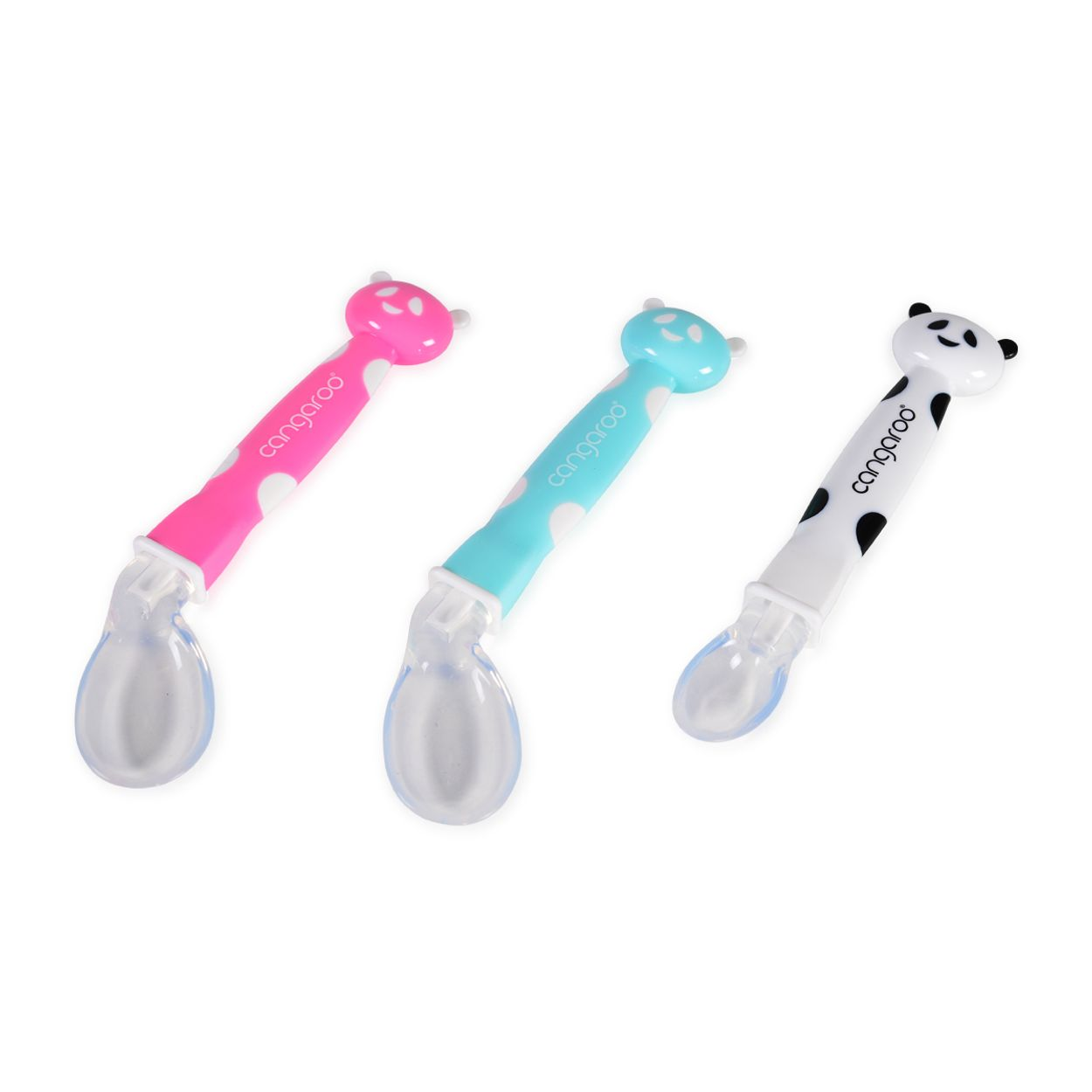 Drei Cangaroo Babylöffel mit biegsamen Silikonspitzen in Pink, Blau und Weiß mit Tiermotiven.