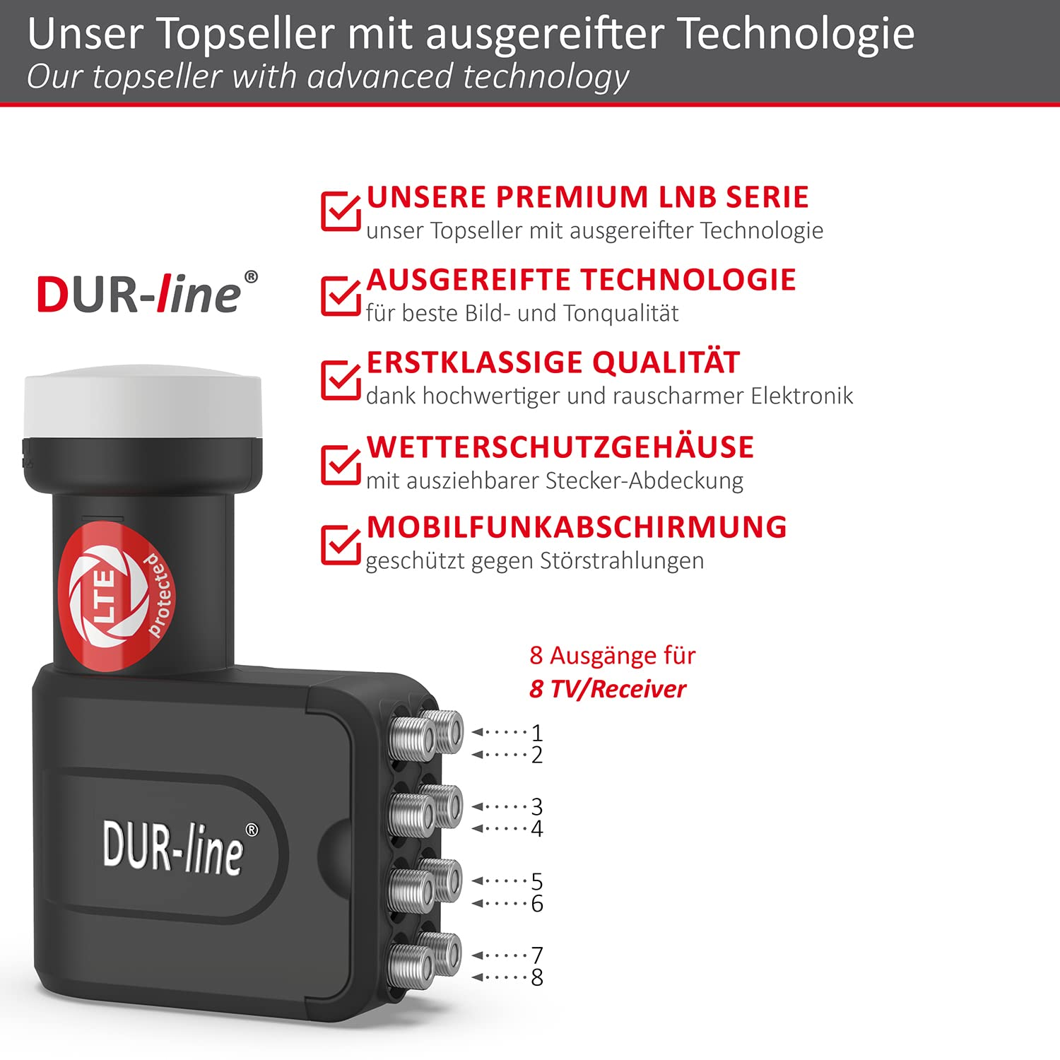 DUR-line LNB mit 8 Ausgängen, Wetterschutz und LTE-Abschirmung auf weißem Hintergrund mit Werbetexten.