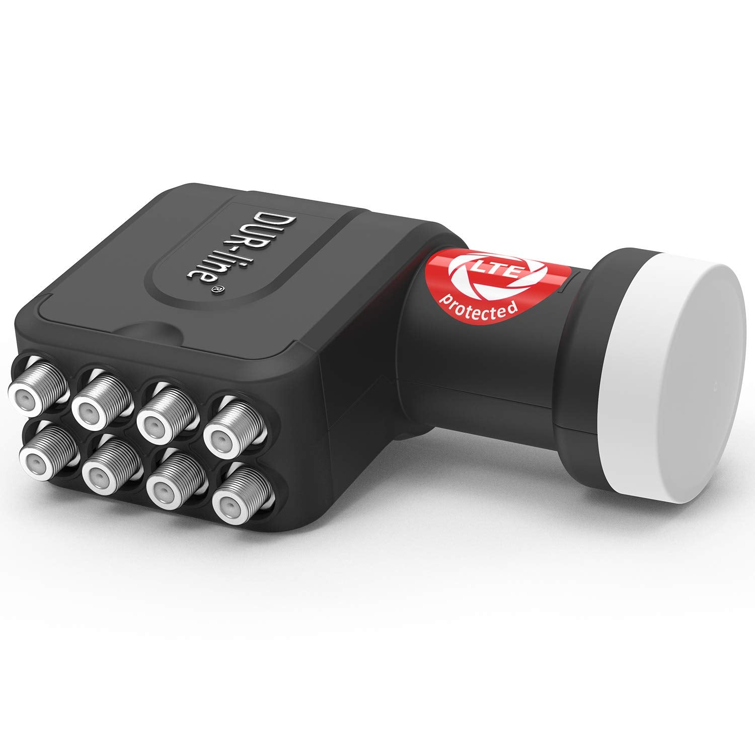Ein schwarzer Dur-line LNB mit acht F-Anschlüssen und rotem LTE-Protected-Aufkleber auf weißem Hintergrund.