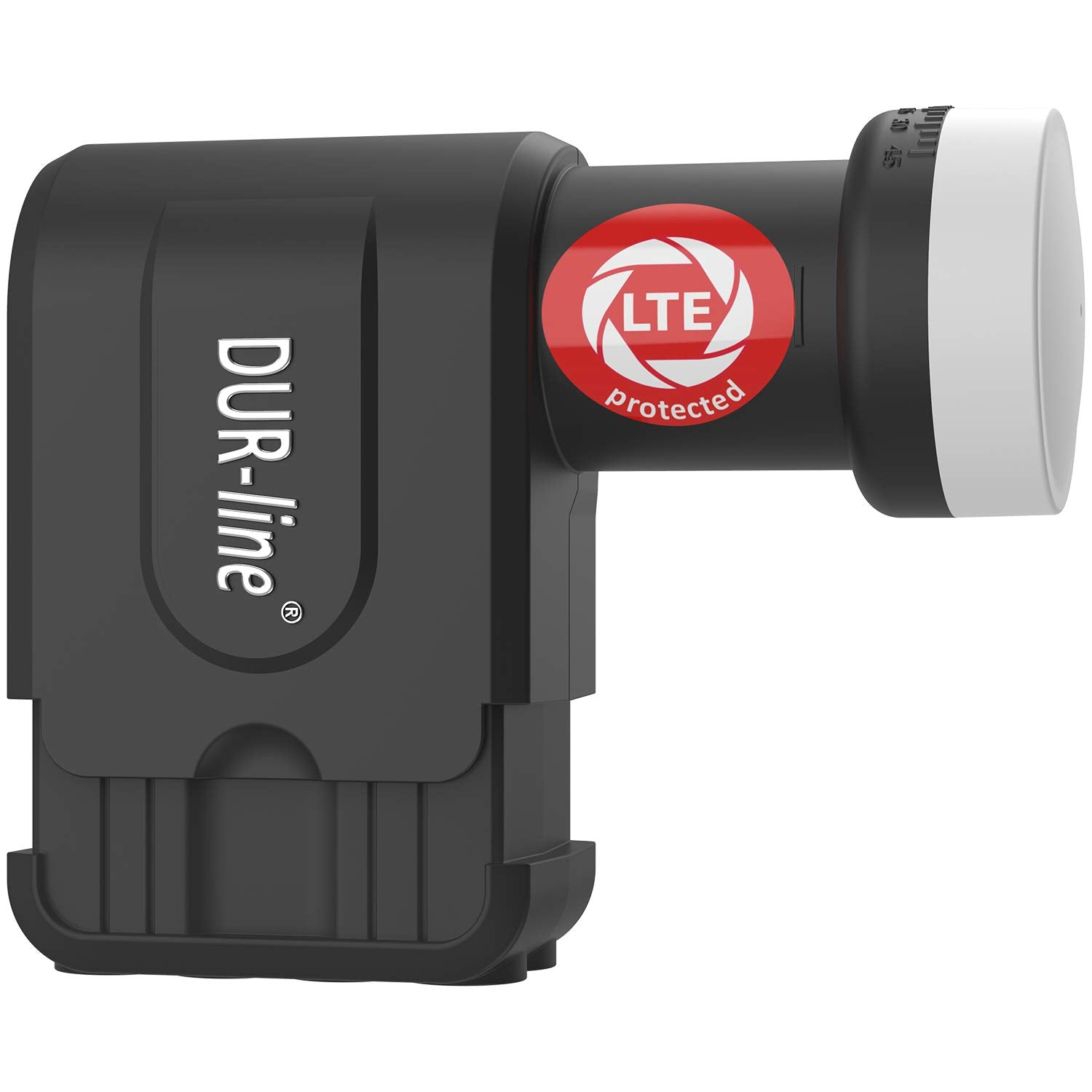 Schwarzer DUR-line LNB mit LTE-Schutzsymbol auf der zylindrischen Röhre vor weißem Hintergrund.