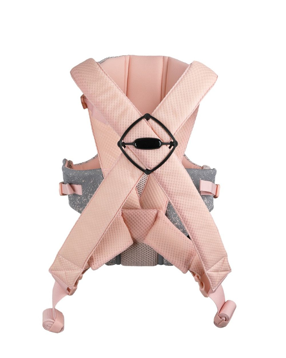 Eine rosa und graue Babytrage mit gekreuzten Schultergurten und schwarzer Kunststoffschnalle, Rückansicht.