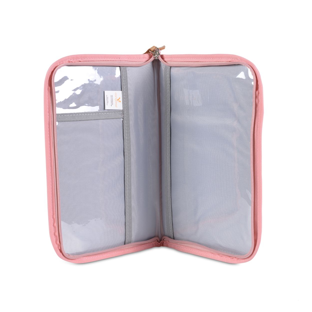 Offener pinker Organizer mit grauen Fächern und durchsichtigen Taschen.