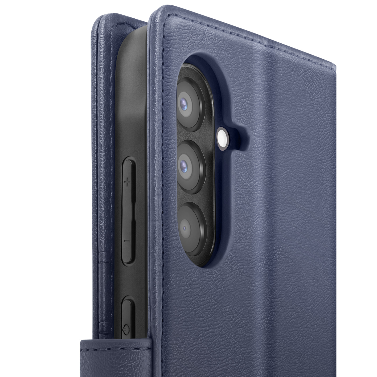 Ein dunkelblaues Leder-Smartphone-Etui mit Kameraausschnitt auf einer weißen Oberfläche.