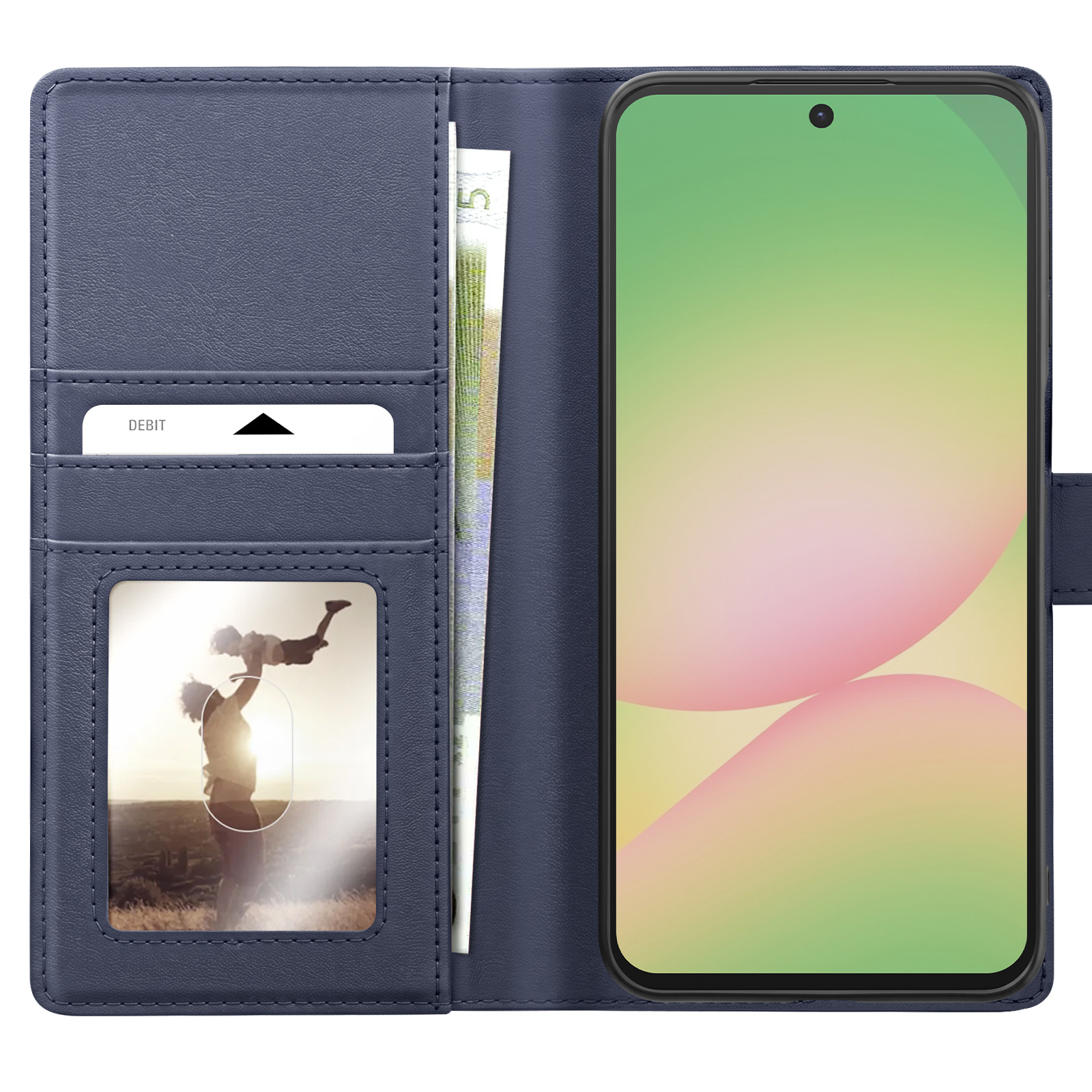 Ein blauer Leder-Handy-Etui mit integrierten Kartenfächern, Bargeld und einem Foto einer Familie.