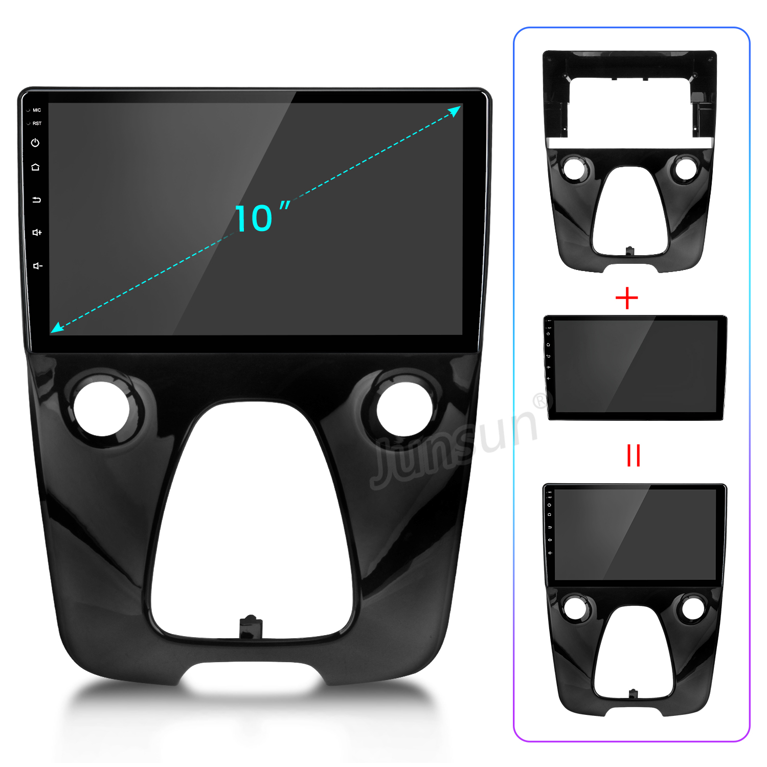 10-Zoll-Auto-Multimedia-Player mit glänzendem schwarzen Rahmen und Anleitung in einem blauen Kasten.