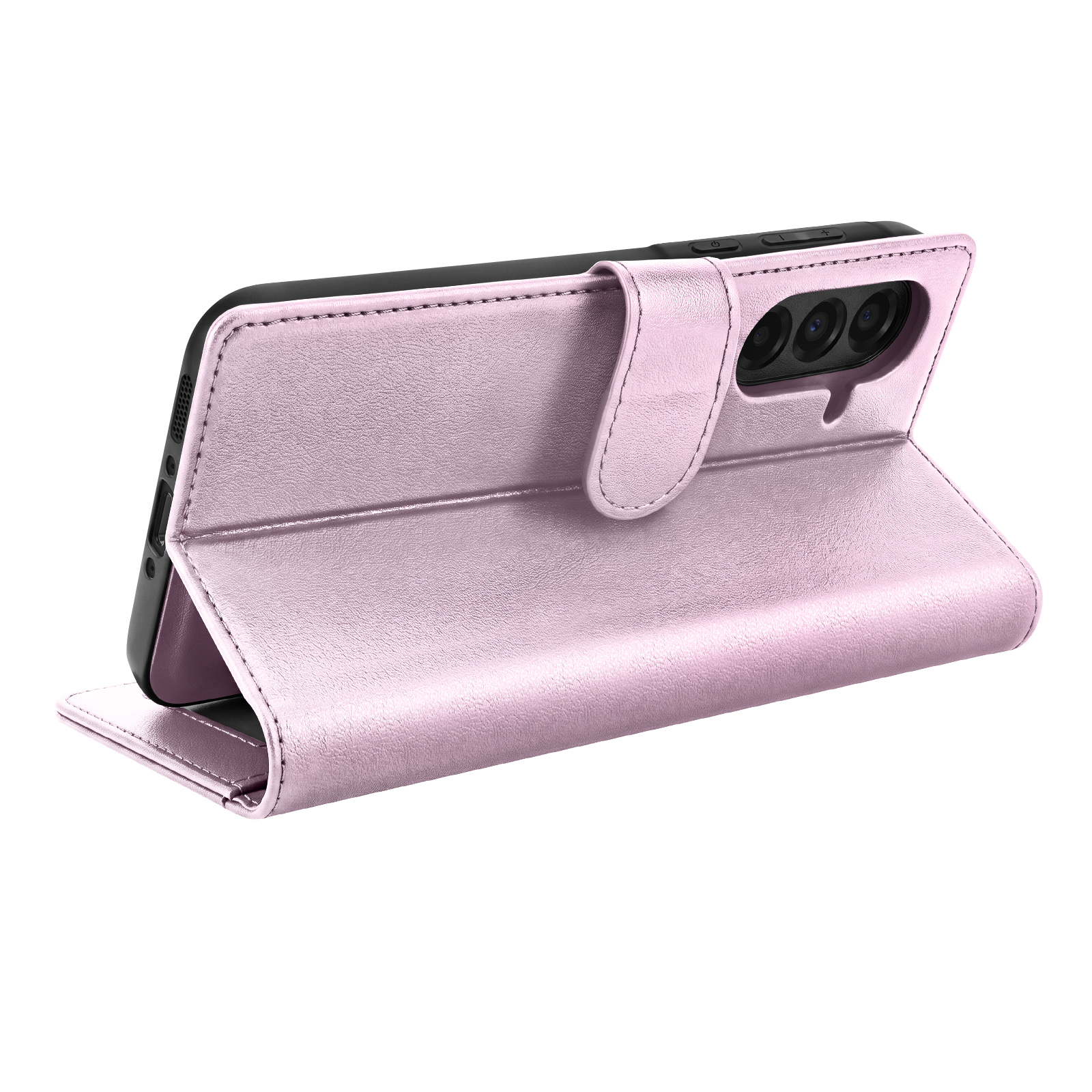 Ein Smartphone in einer rosa Leder-Klapphülle, die als Ständer dient, auf weißem Hintergrund.