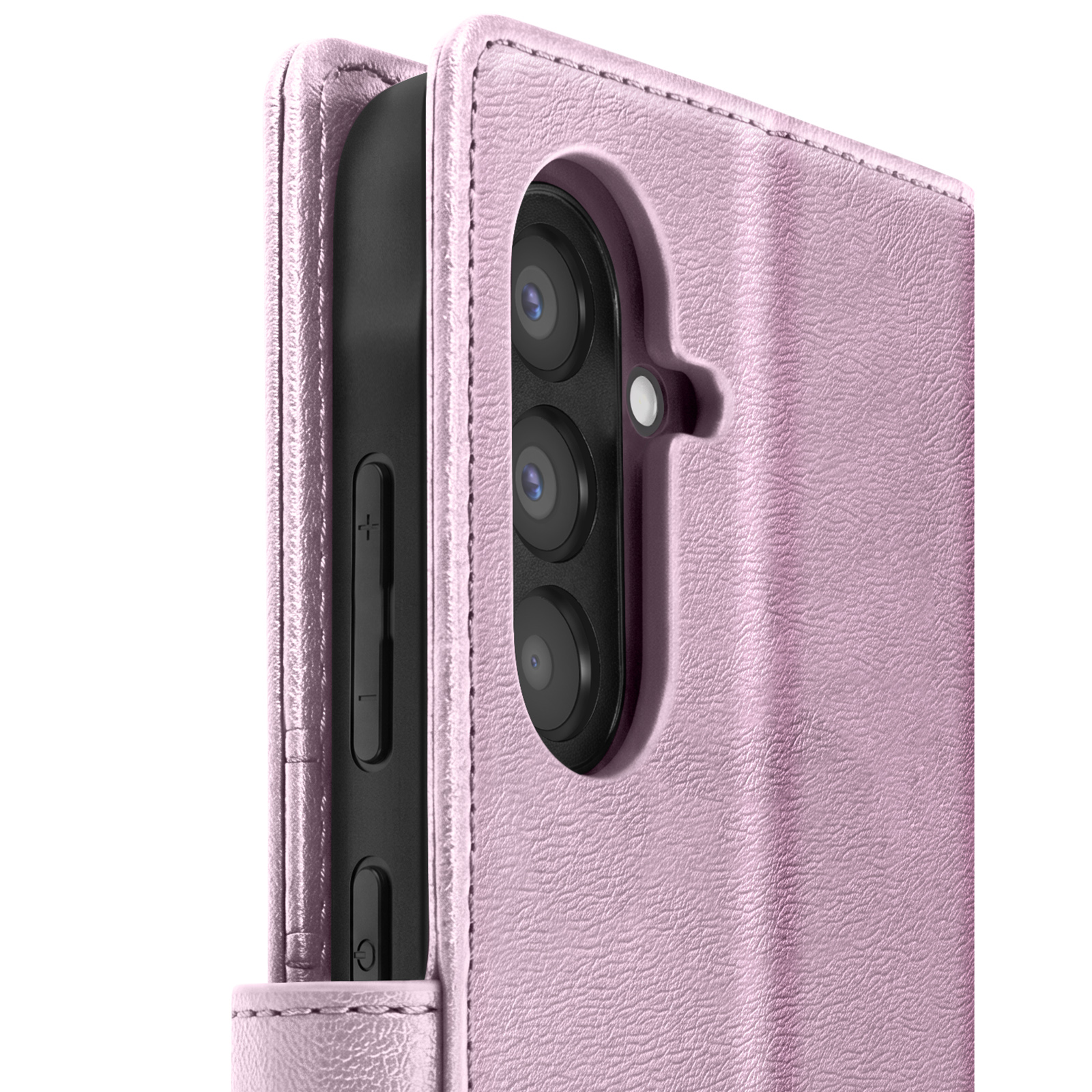 Rosa Lederhülle für ein Smartphone mit sichtbaren Kameras auf der Rückseite und Knöpfen an der Seite.