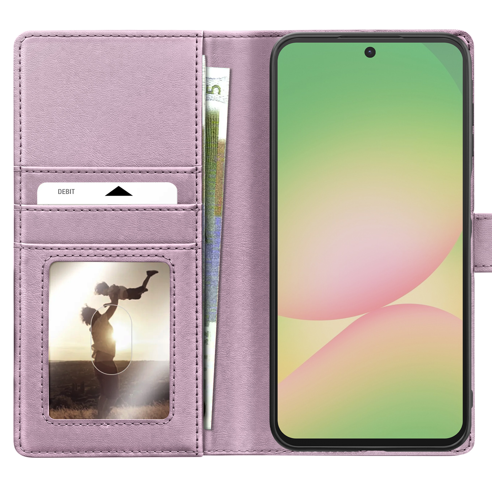 Lila Handyhülle im Buchformat mit Kartenfächern, Geldschein, Fotofenster und eingesetztem Smartphone mit Farbdisplay.