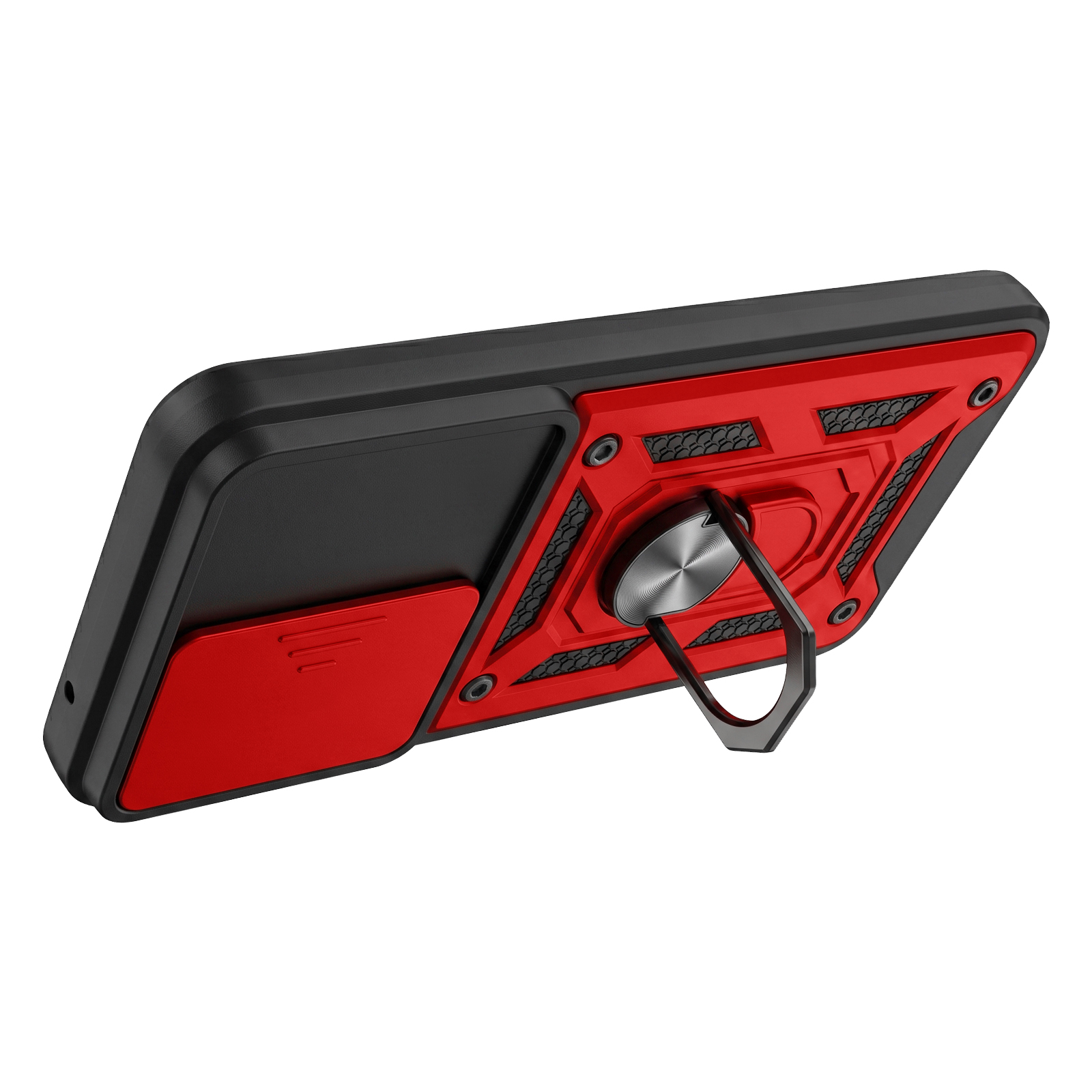 Eine schwarz-rote, robuste Smartphone-Hülle mit Kamera-Schiebeabdeckung und Metallring-Ständer.