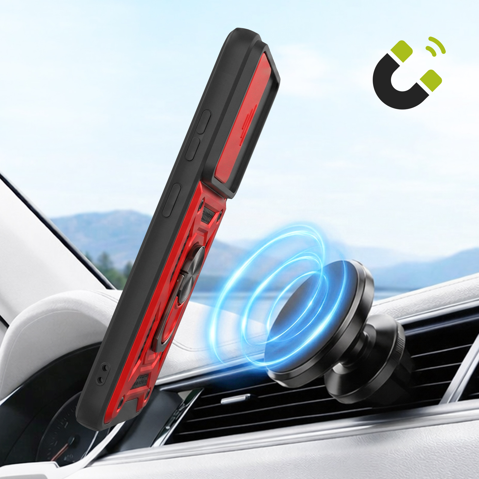 Ein rotes Smartphone in einer Schutzhülle schwebt vor einer magnetischen Autohalterung mit blauen Wellen.
