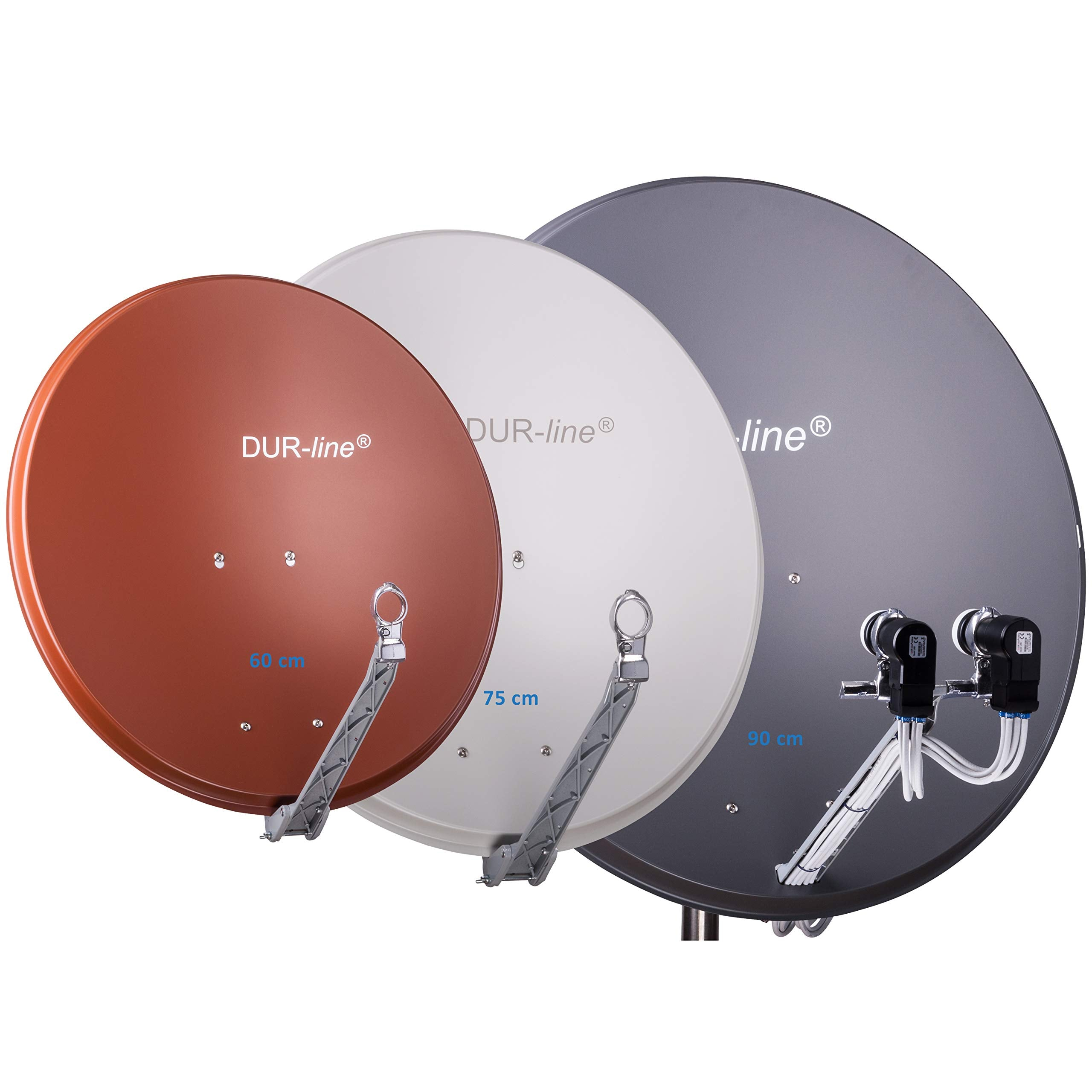 Drei DUR-line Satellitenschüsseln in 60 cm (braun), 75 cm (weiß) und 90 cm (grau) mit LNBs vor weißem Hintergrund.