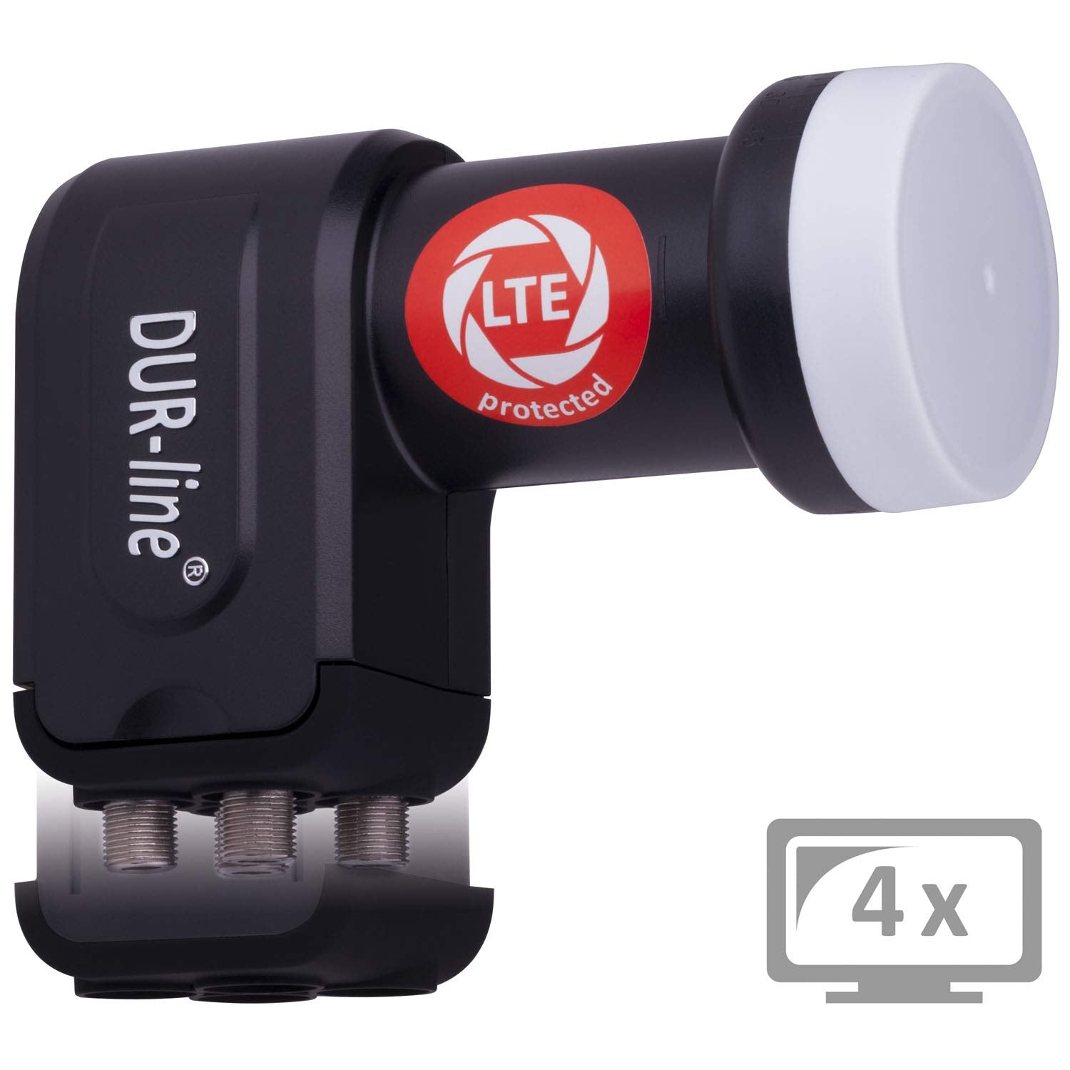 Schwarzes LNB mit rotem LTE-geschützt-Aufkleber, weißer Kappe und vier Anschlüssen auf weißem Hintergrund.