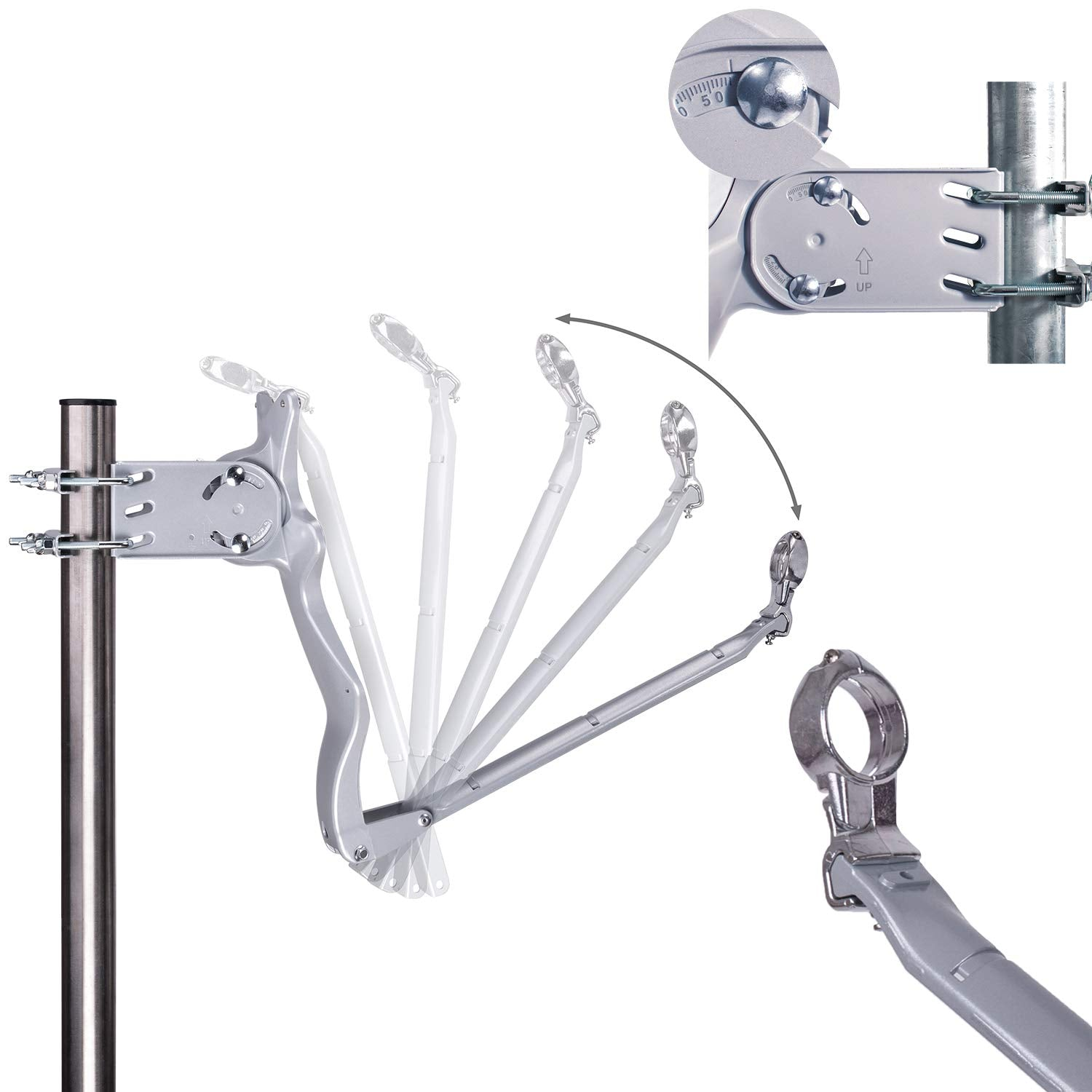 Eine verstellbare silberne Metallstangenhalterung mit Scharniermechanismus zeigt Bewegungswinkel und Nahaufnahme.