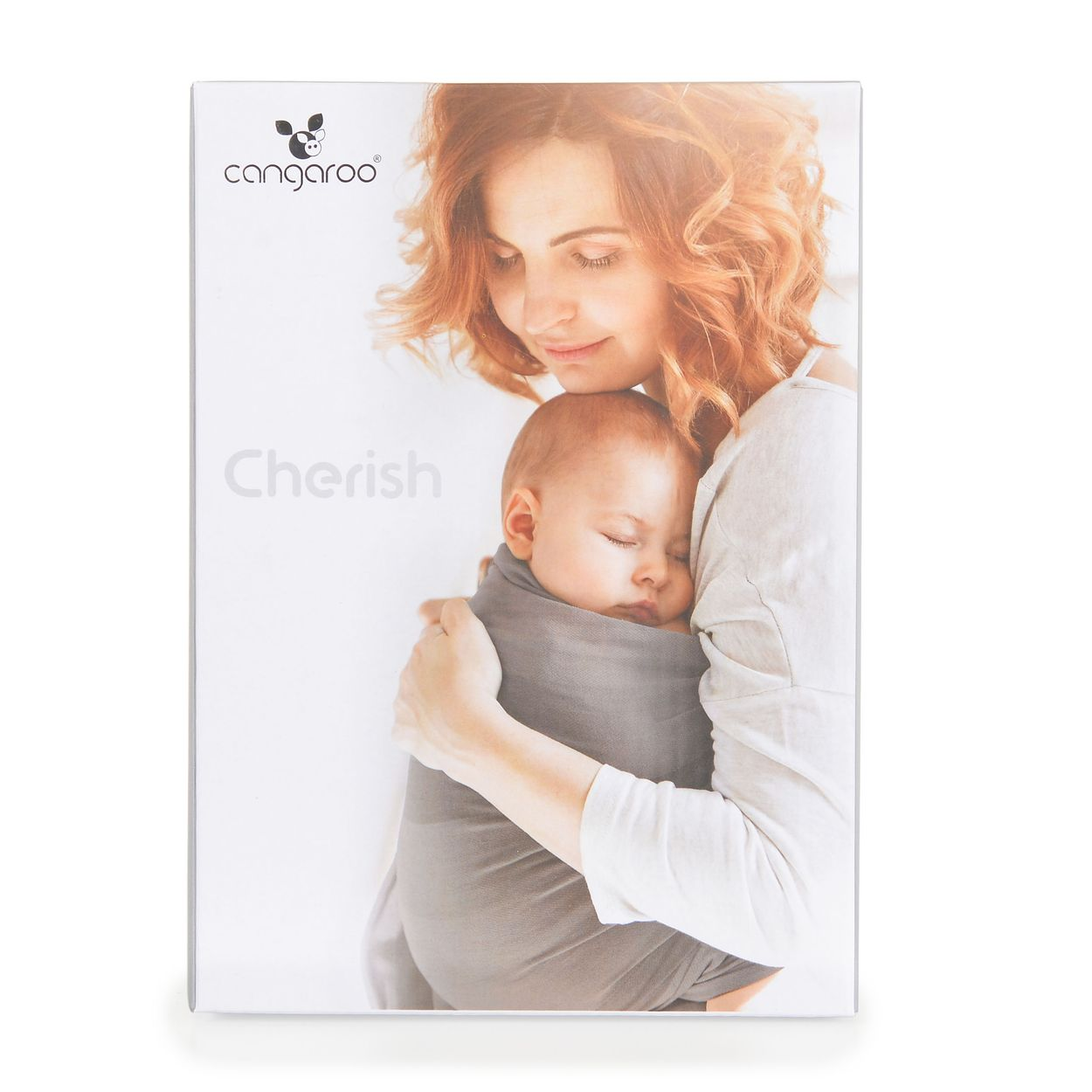 Eine Frau hält liebevoll ein Baby in einem grauen Tragetuch, Produktverpackung mit Cangaroo-Logo.