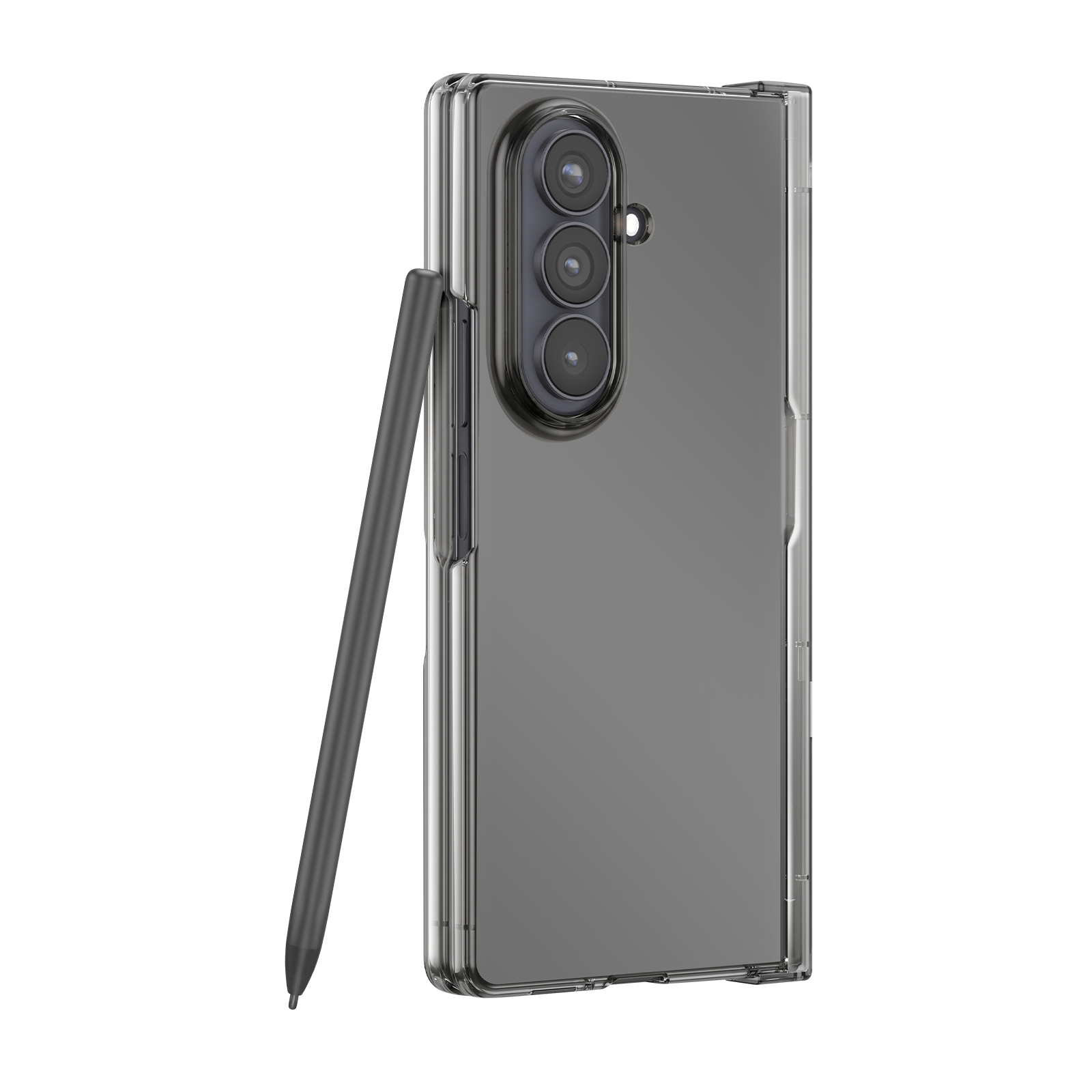 Eine graue Falt-Smartphone-Hülle mit Dreifachkamera und einem Stift daneben auf weißem Hintergrund.