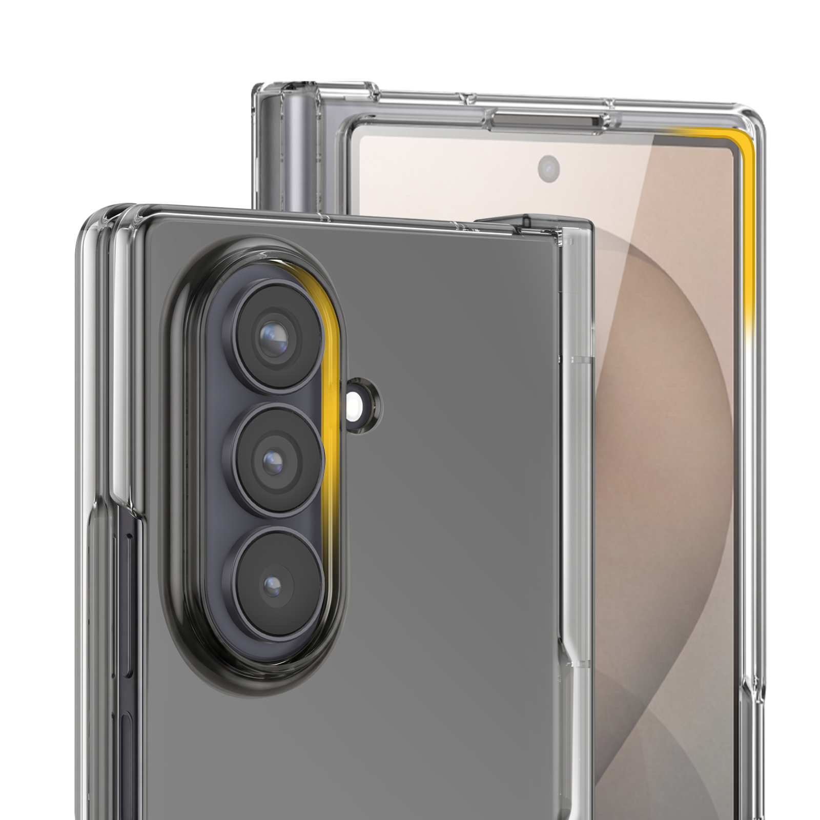 Ein Falttelefon in einer klaren Schutzhülle zeigt die Dreifachkamera hinten und den Bildschirm.