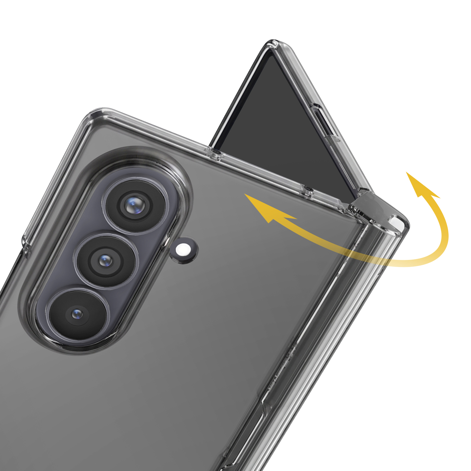 Ein Falttelefon in einer transparenten Hülle mit drei Rückkameras wird mit gelben Pfeilen für das Öffnen gezeigt.