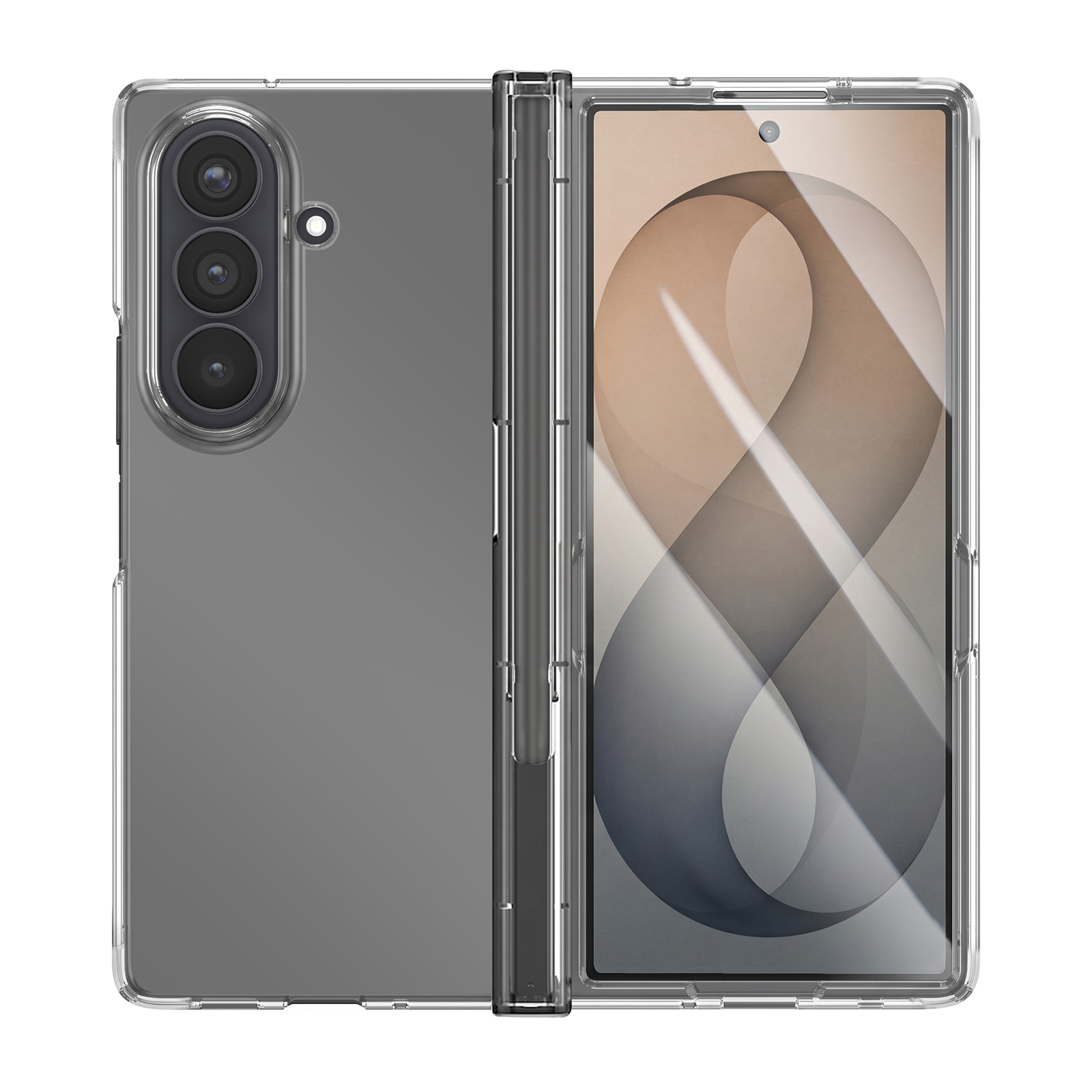 Ein aufgeklapptes faltbares Smartphone in einer klaren Schutzhülle mit drei Kameralinsen auf der Rückseite.