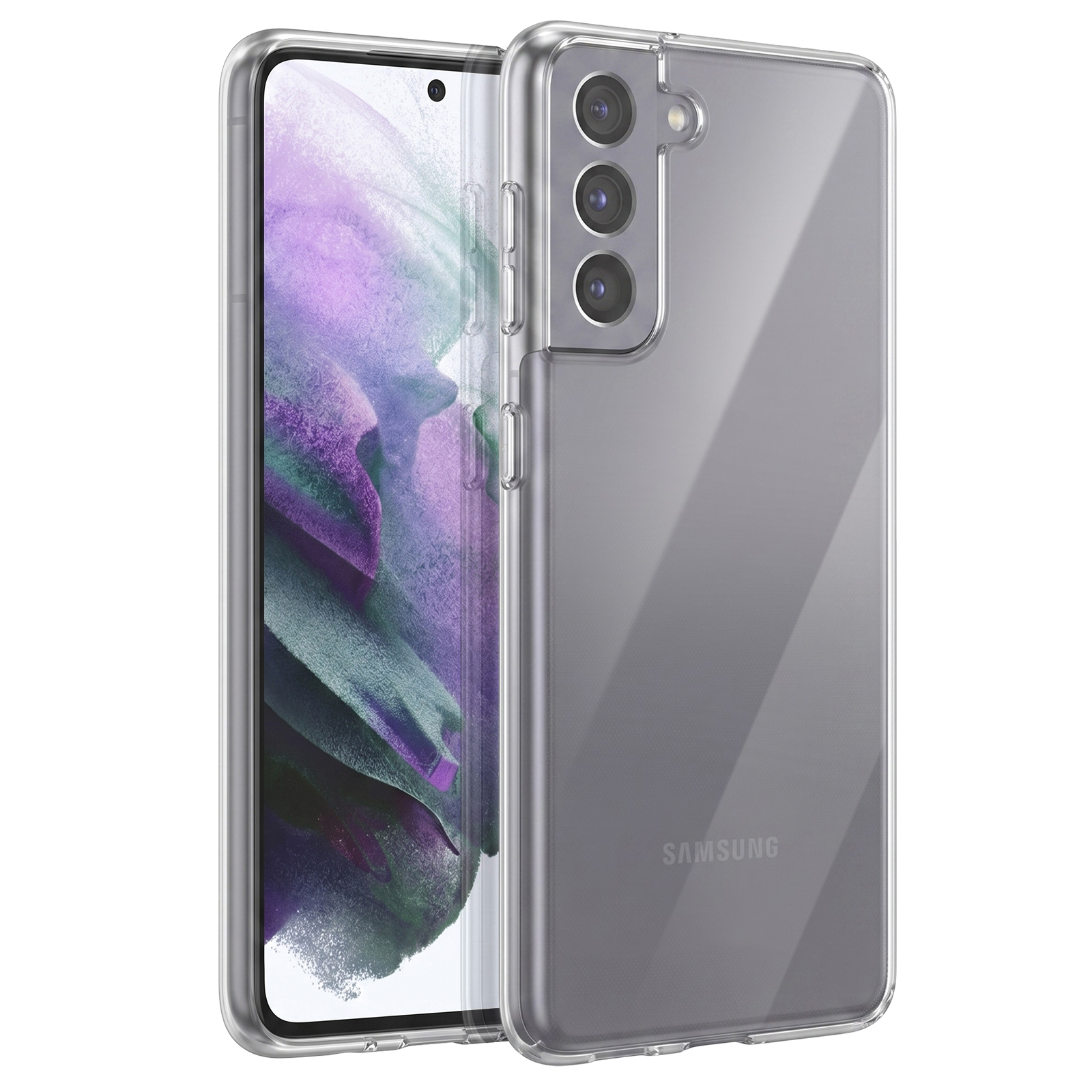 Front- und Rückansicht eines Smartphones mit klarer Schutzhülle und bunten Hintergrund.