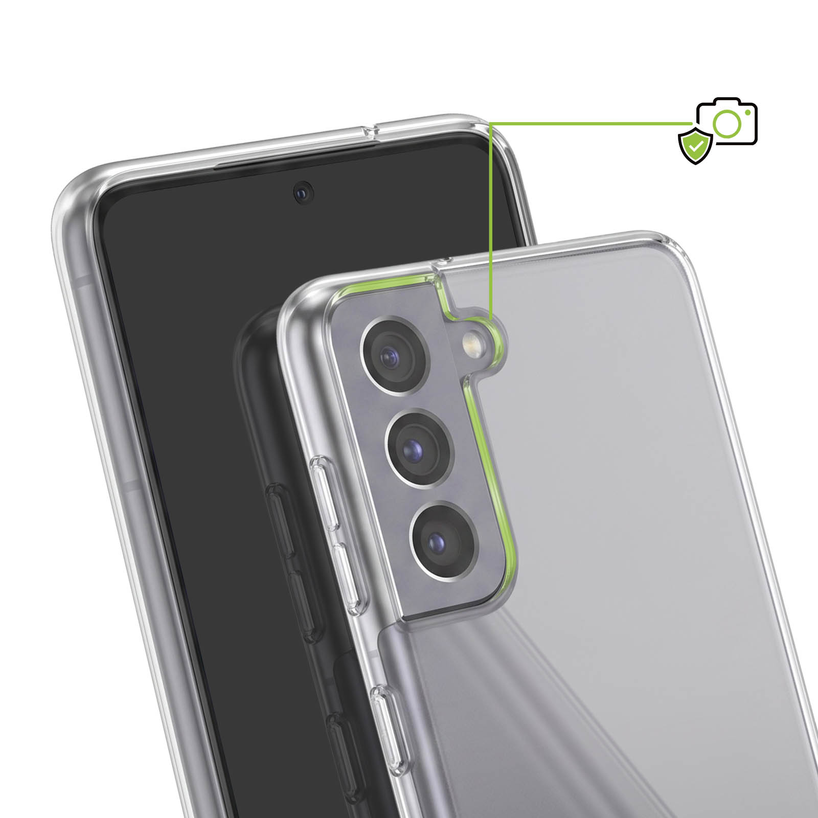 Transparente Schutzhülle für ein Smartphone, die speziell die Kamera und das Gehäuse absichert.