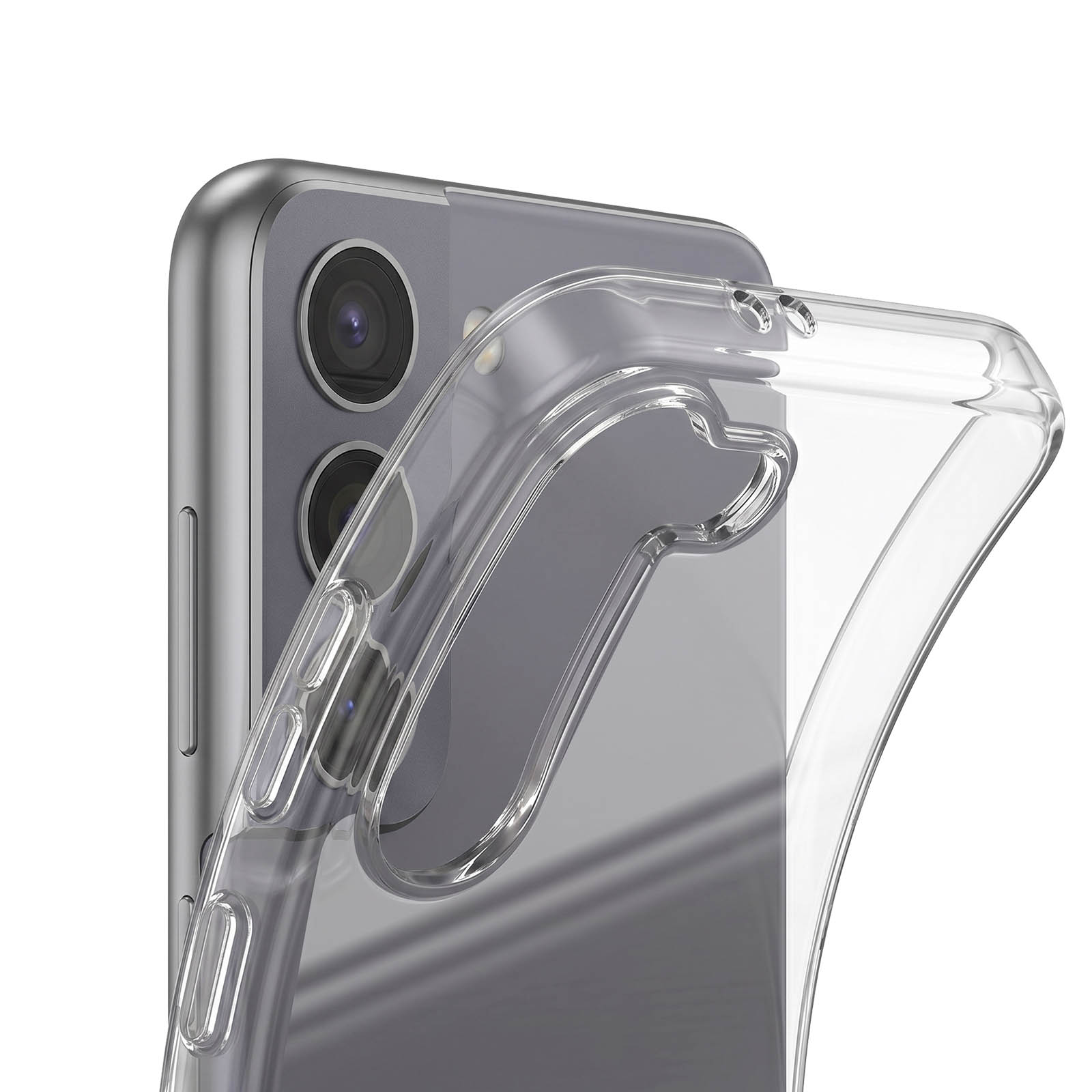 Eine Handyschale wird auf die Rückseite eines grauen Smartphones aufgesetzt.