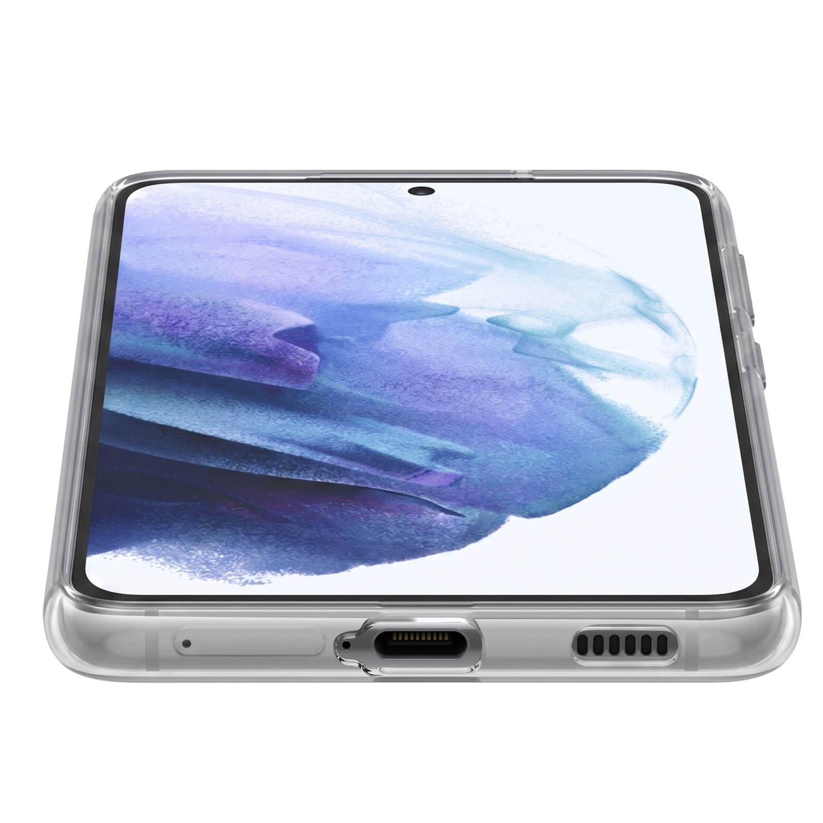 Unterseite eines Smartphones in einer transparenten Schutzhülle mit USB-C-Anschluss.
