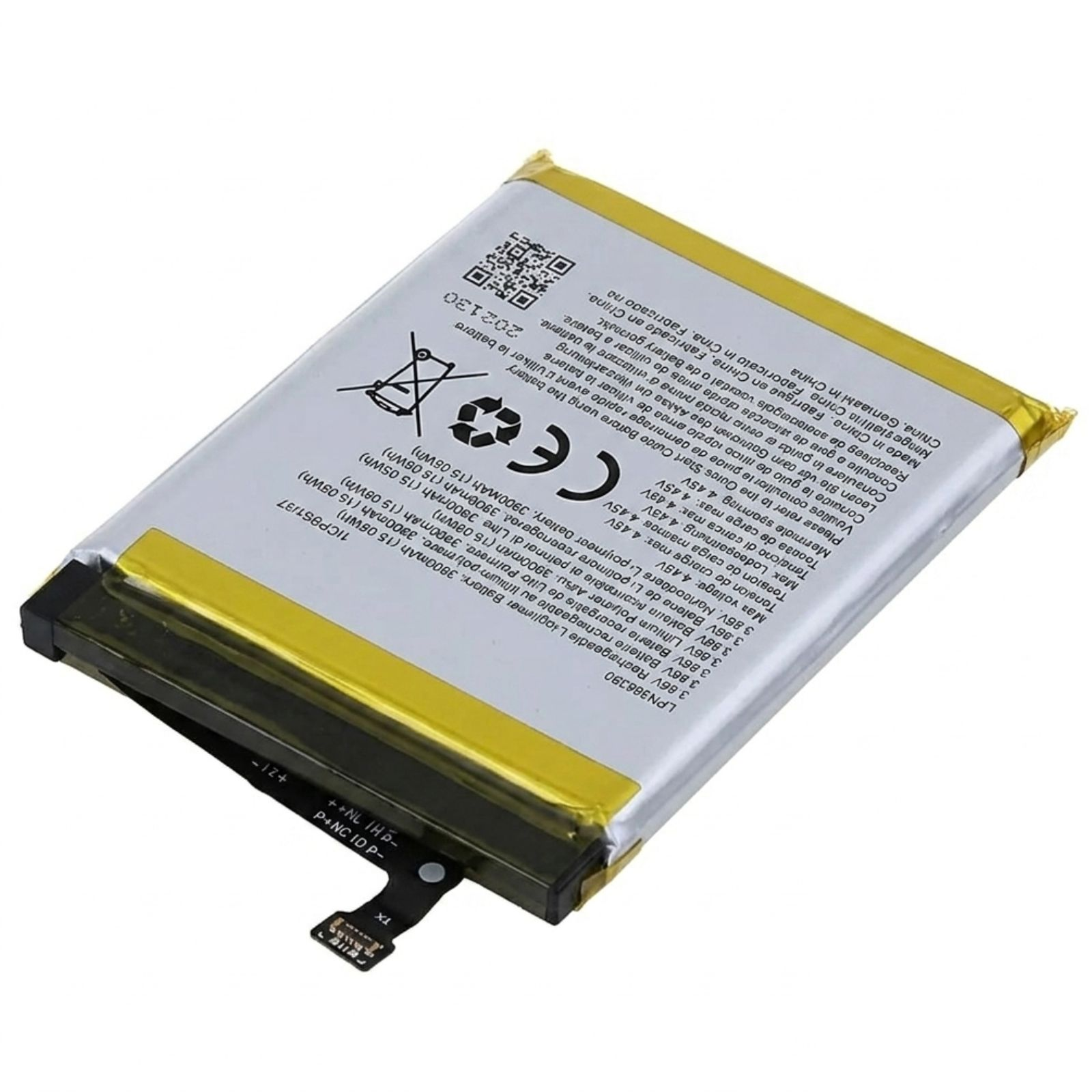 Flacher, silberfarbener Lithium-Ionen-Akku mit gelben Rändern, CE-Kennzeichnung und technischen Angaben auf der weißen Vorderseite.