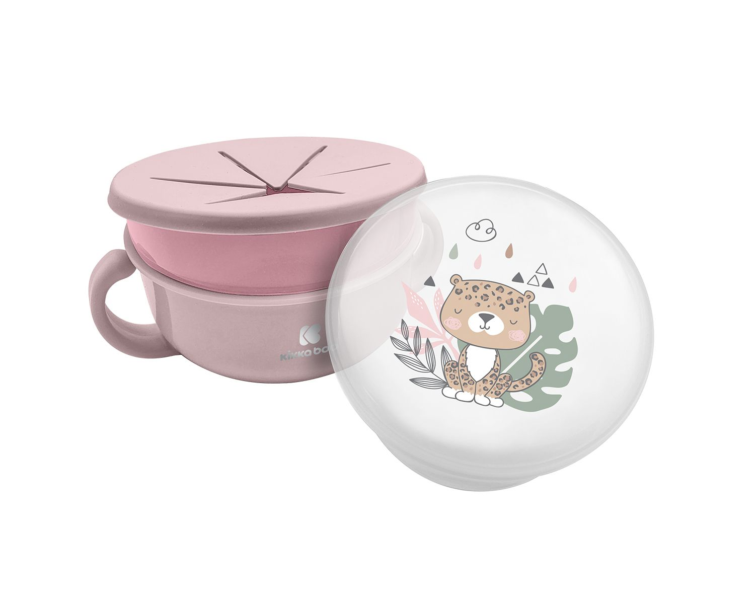 Rosa Snack-Becher mit Henkel und Silikondeckel sowie ein separates weißes Deckelchen mit Leopardendruck.