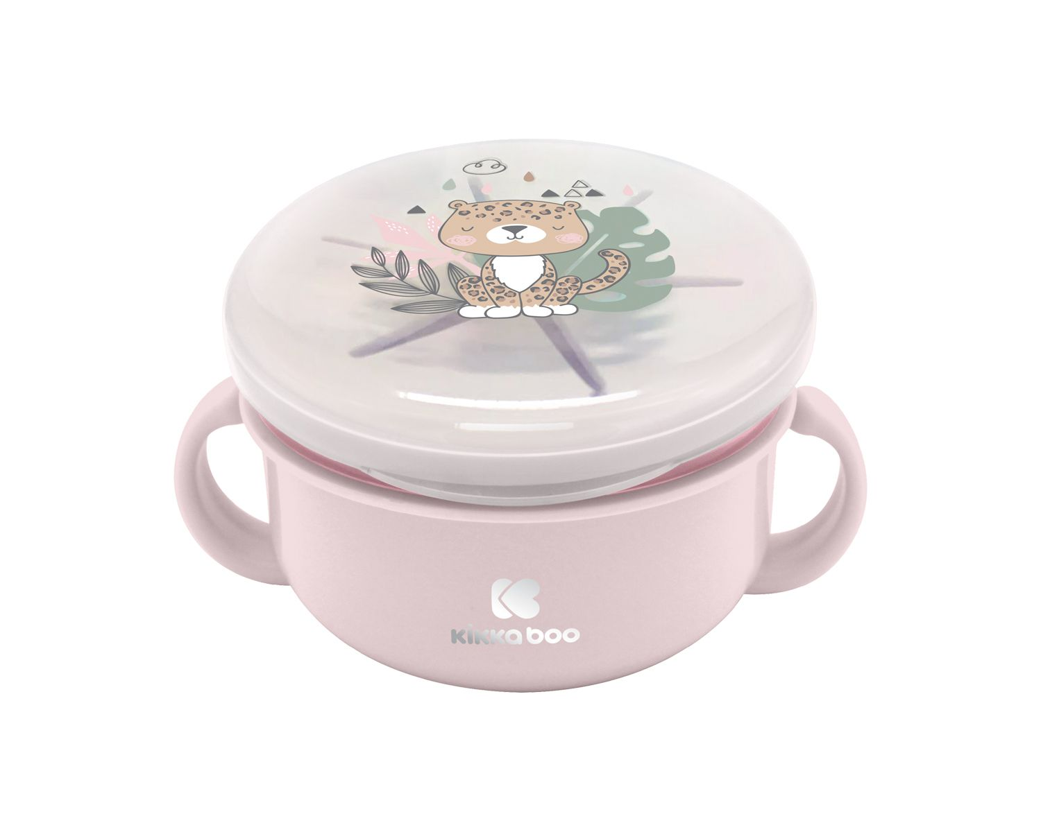 Rosa Babyschüssel mit zwei Griffen und einem Deckel mit Leopardenmotiv vor weißem Hintergrund.
