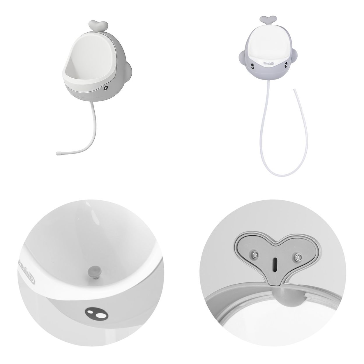 Grau-weisses Urinal fuer Kleinkinder im Wal-Design mit Ablassschlauch und Wandhalterung.