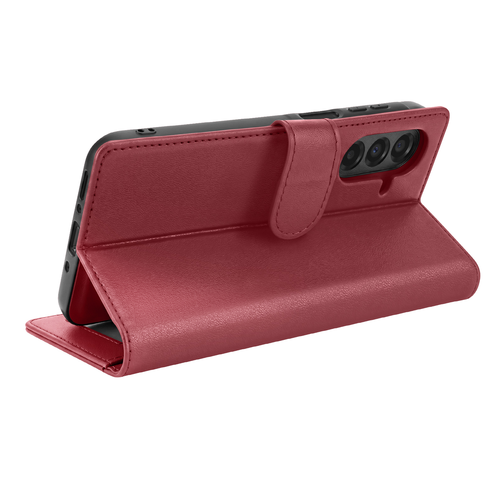 Ein rotes Leder-Klappetui für ein Smartphone, aufgestellt gegen einen weißen Hintergrund.