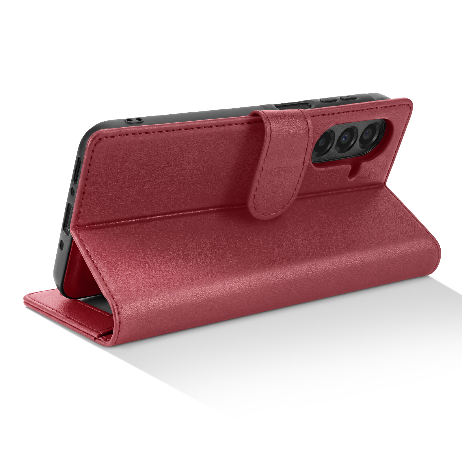 Ein Smartphone in einer roten Leder-Brieftaschenhülle, horizontal aufgestellt vor weißem Hintergrund.
