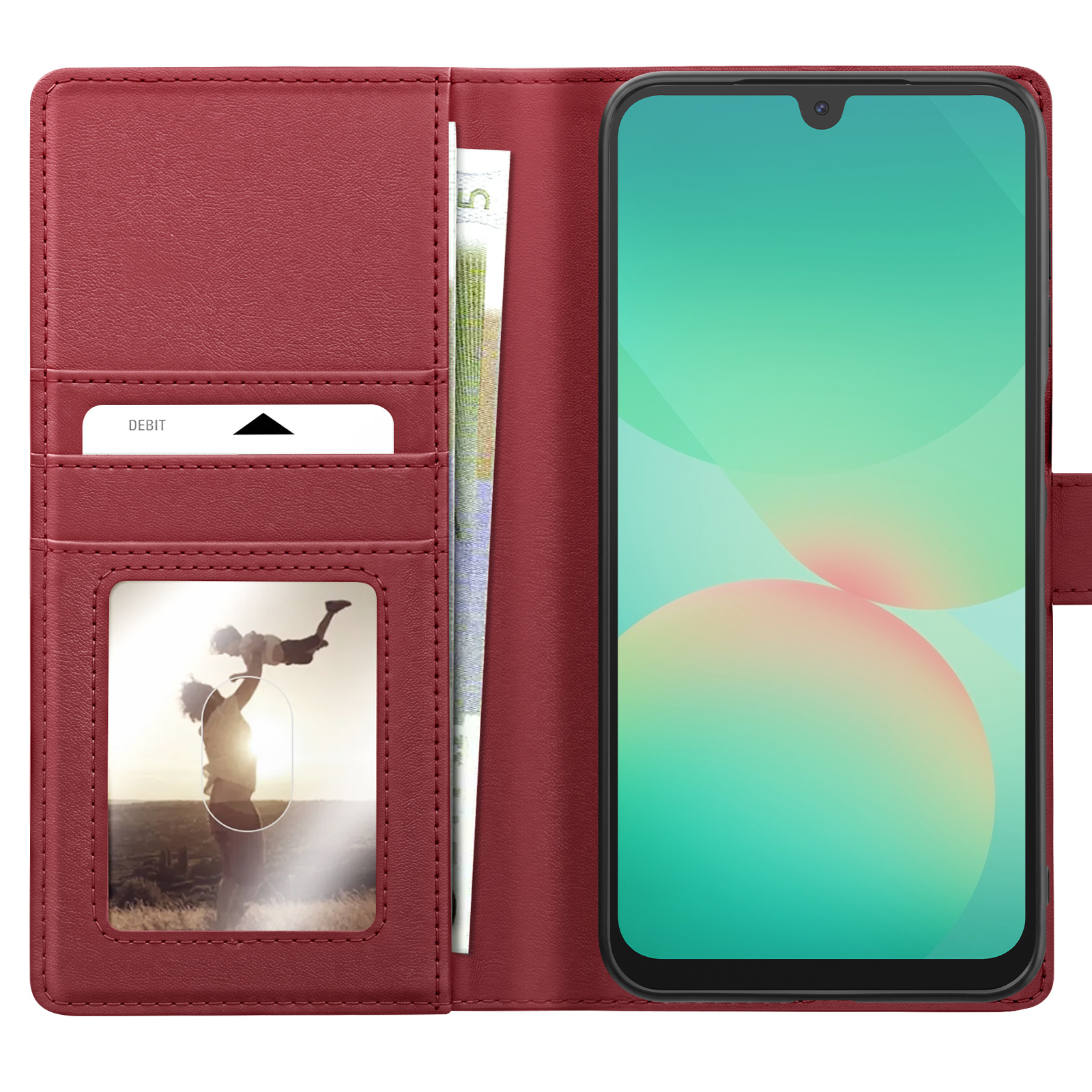 Rote Leder-Handyhülle mit Kartenfächern, Geldschein und Fotorahmen. Rechts sitzt ein Smartphone mit farbigem Bildschirm.