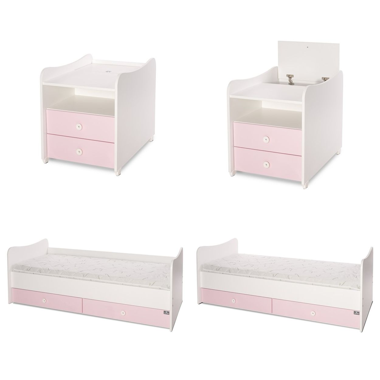Weiß-rosa Babymöbelset mit Wickeltisch und Kinderbett mit Schubladen.