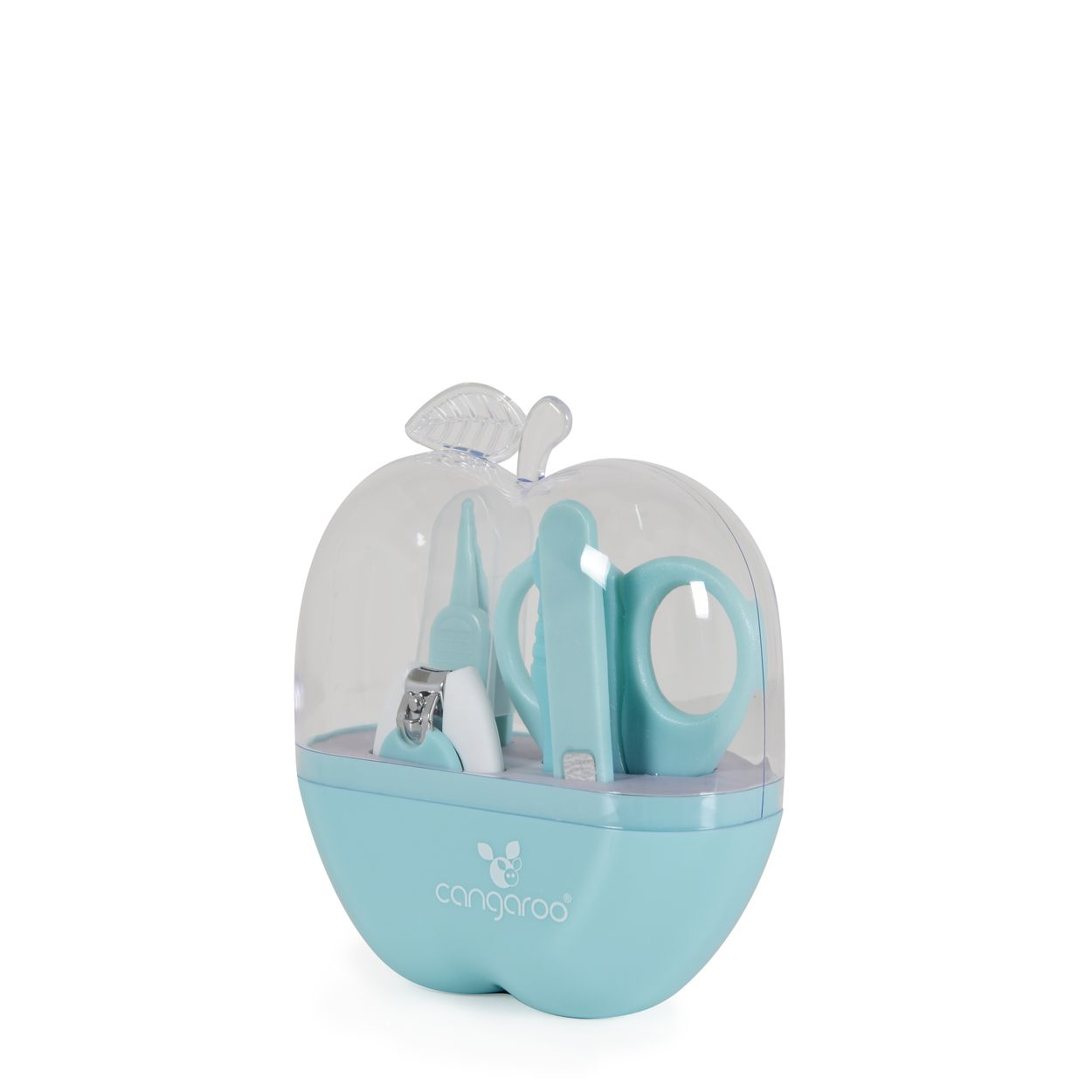 Ein hellblaues Apfel-förmiges Maniküre-Set für Babys mit transparentem Deckel auf weißem Hintergrund.
