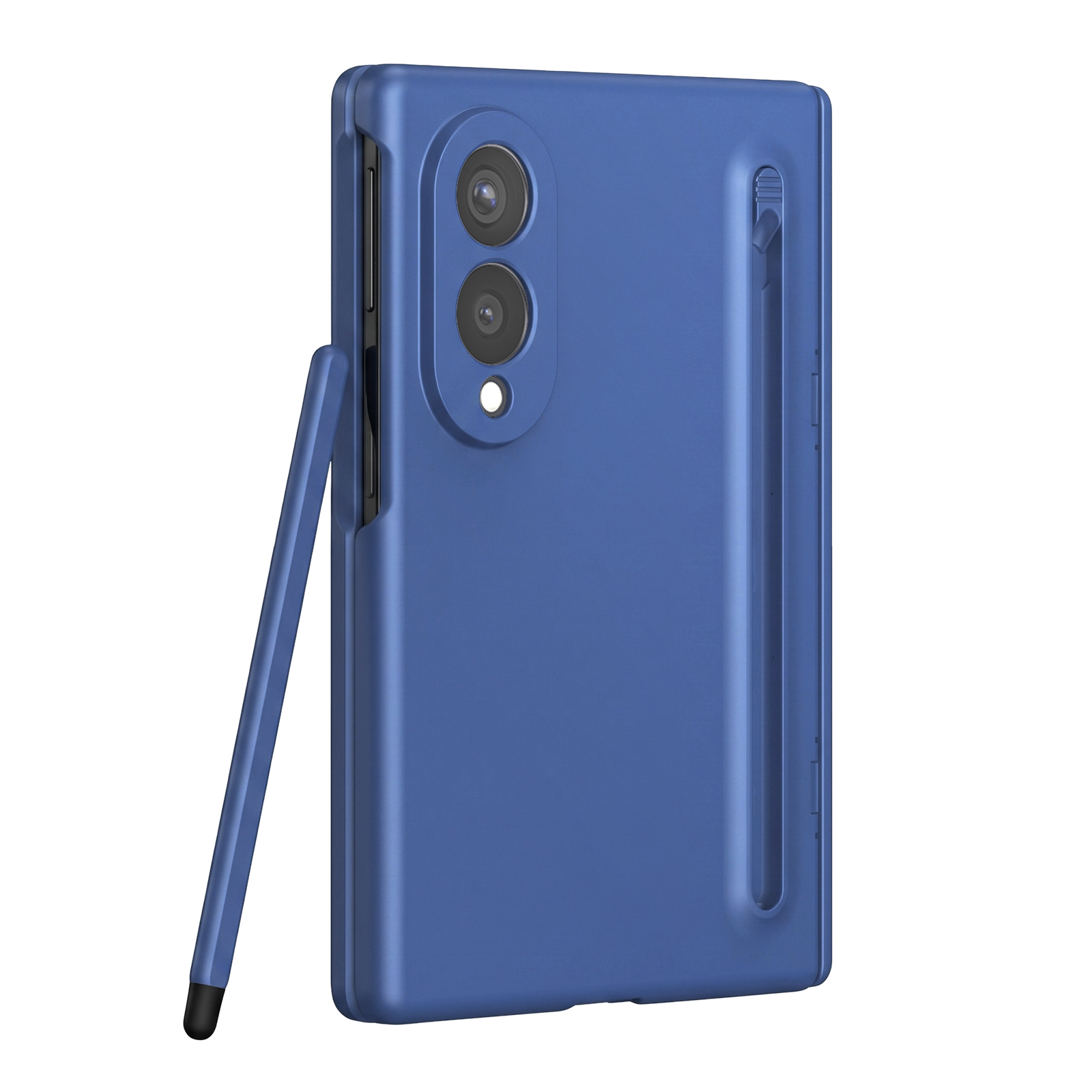 Blaue Smartphone-Hülle mit zwei vertikalen Kameras und einem Halter für den Stift daneben auf weißem Hintergrund.