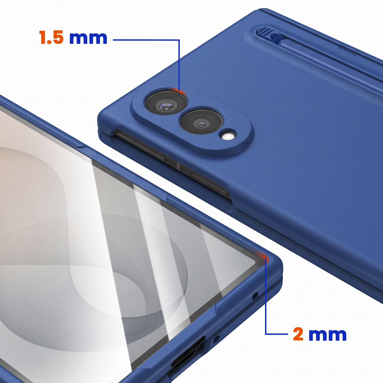 Eine blaue Handyhülle mit Maßen von 1,5 mm für die Kameralippe und 2 mm für den Eckenschutz.